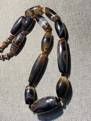 Antique African Himalayan banded Black Agate beads Suleimani unique Necklace