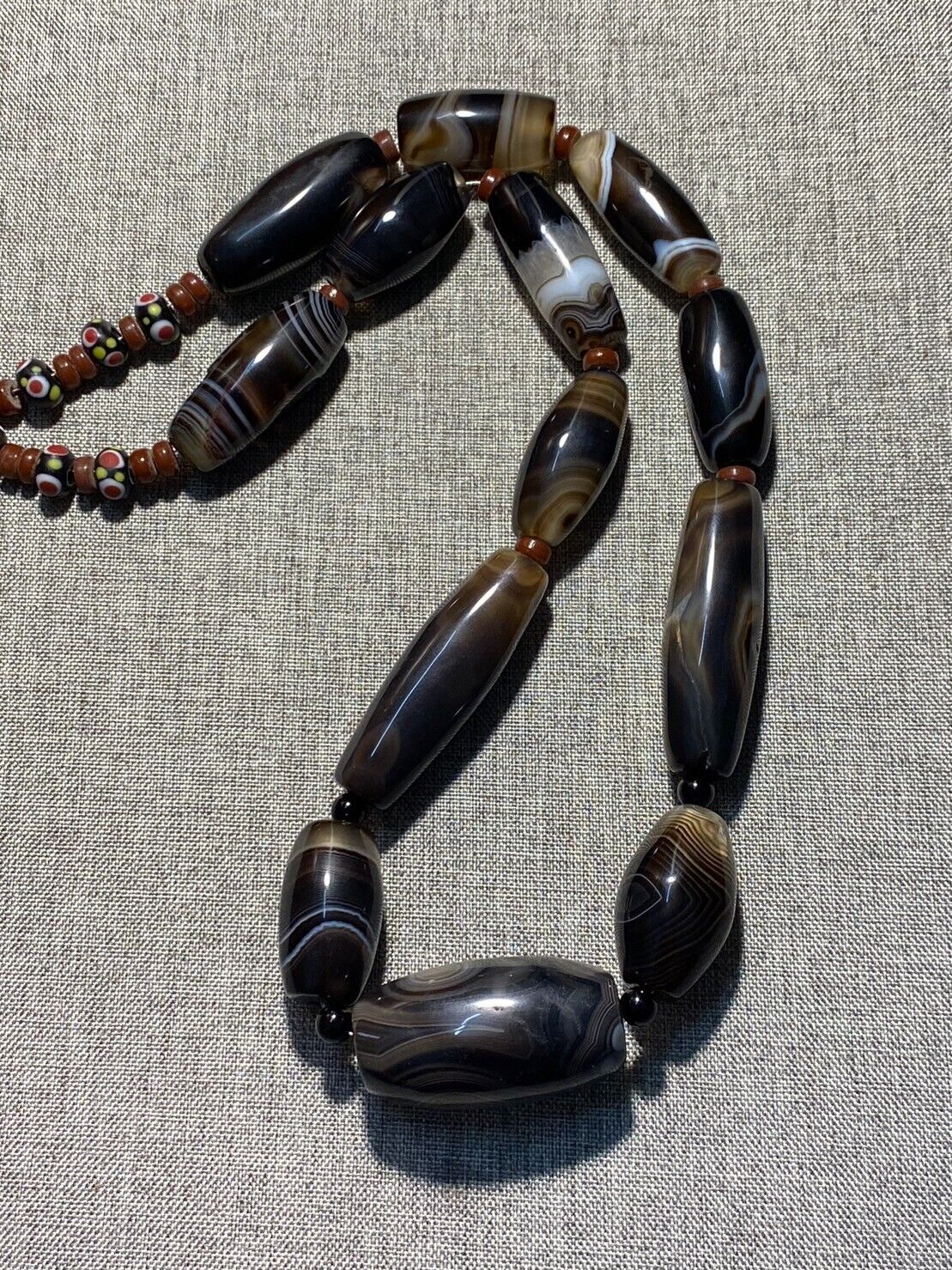 Antique African Himalayan banded Black Agate beads Suleimani unique Necklace