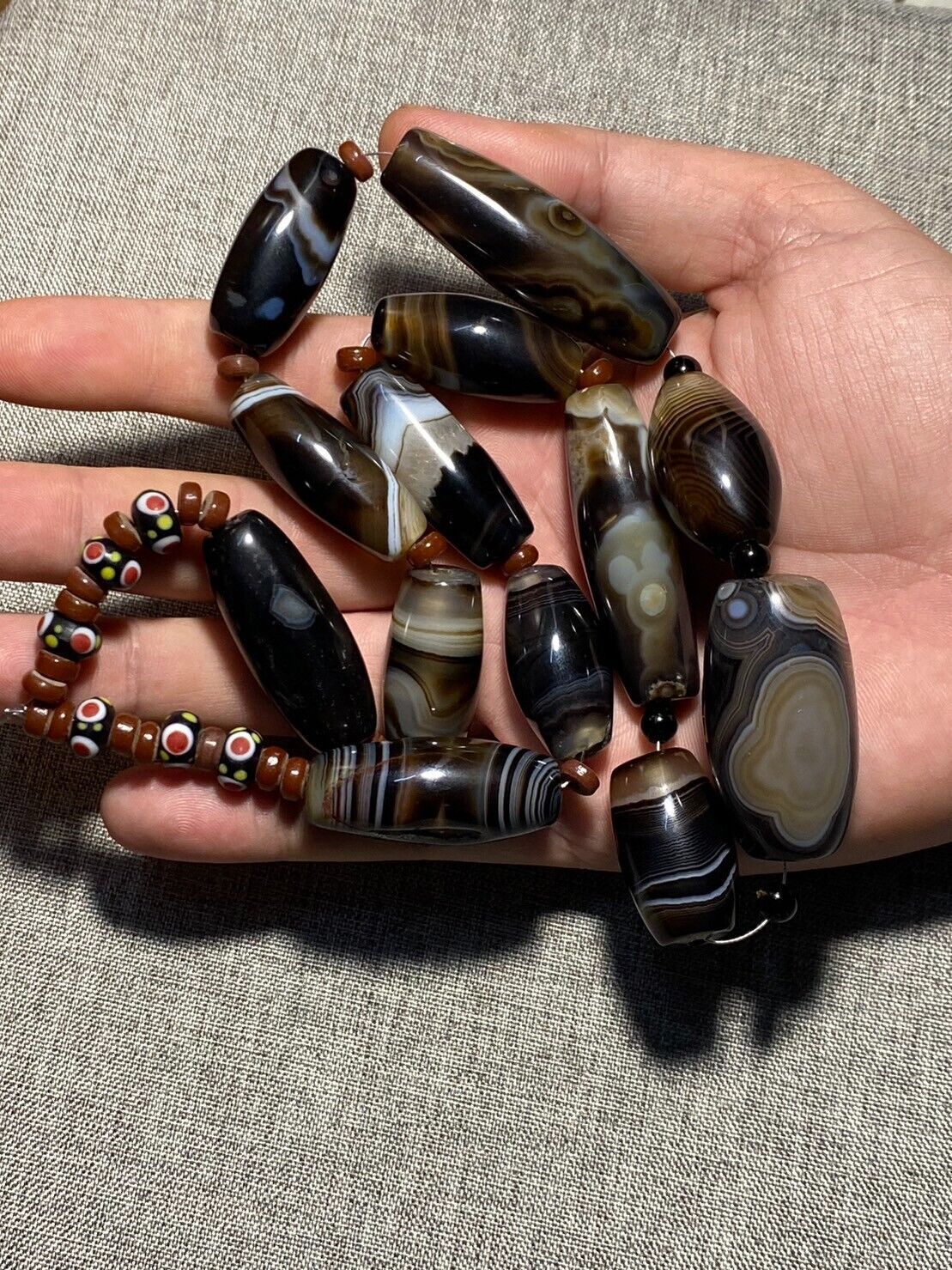 Antique African Himalayan banded Black Agate beads Suleimani unique Necklace