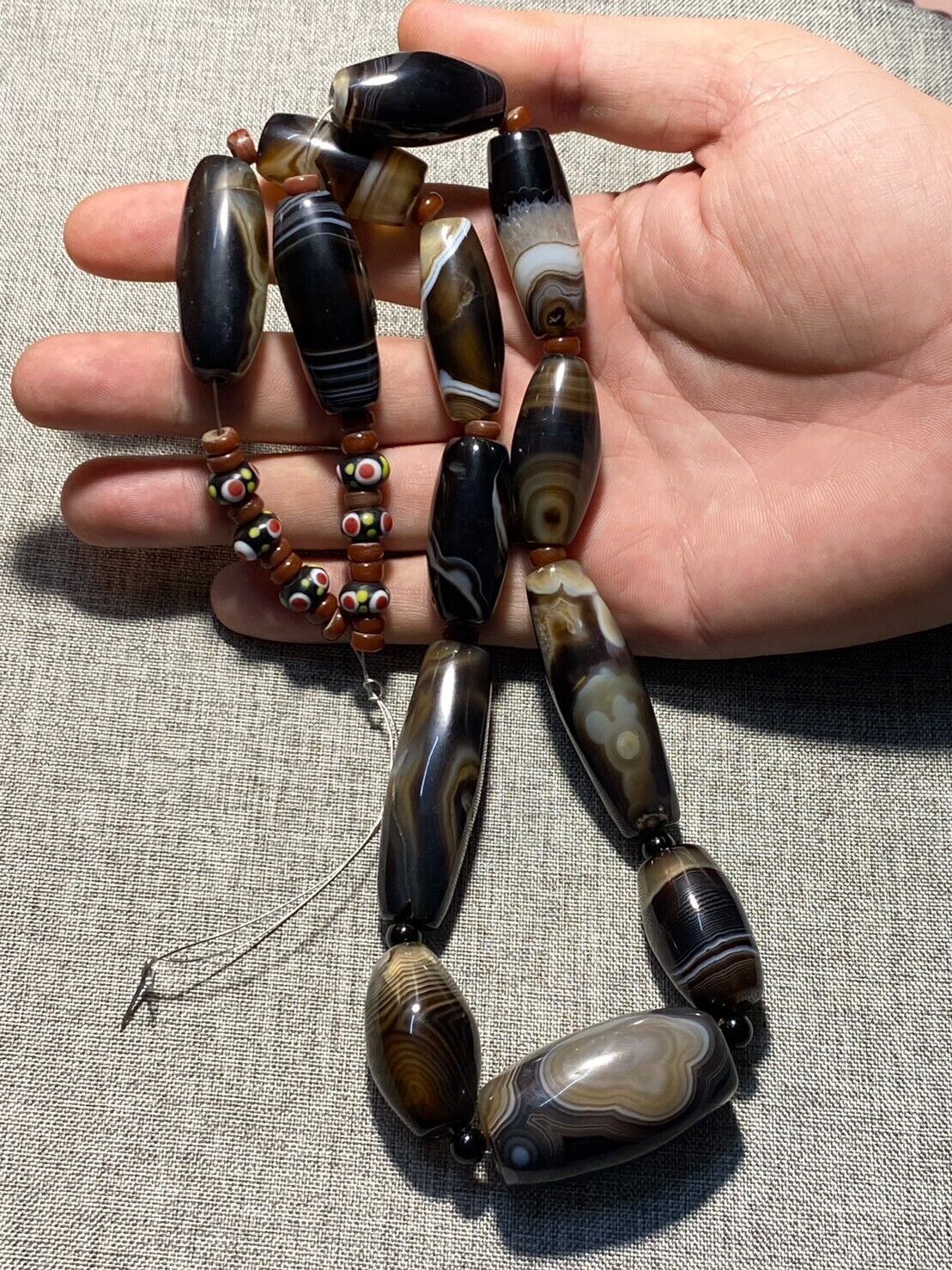 Antique African Himalayan banded Black Agate beads Suleimani unique Necklace