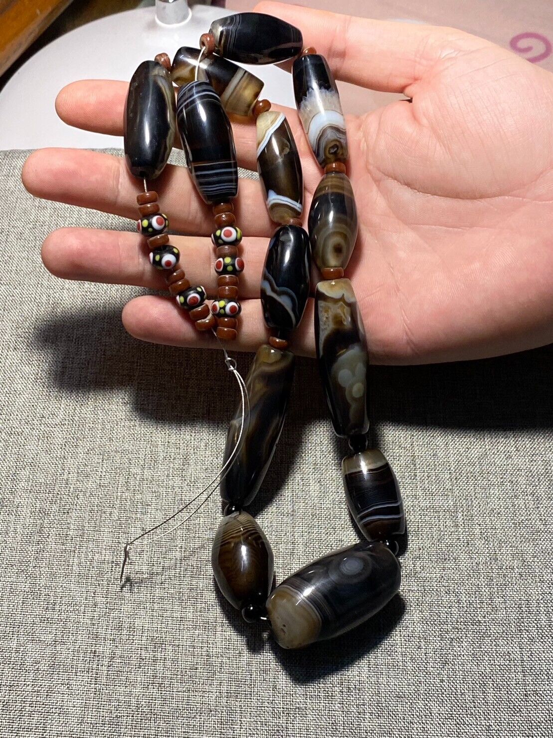 Antique African Himalayan banded Black Agate beads Suleimani unique Necklace