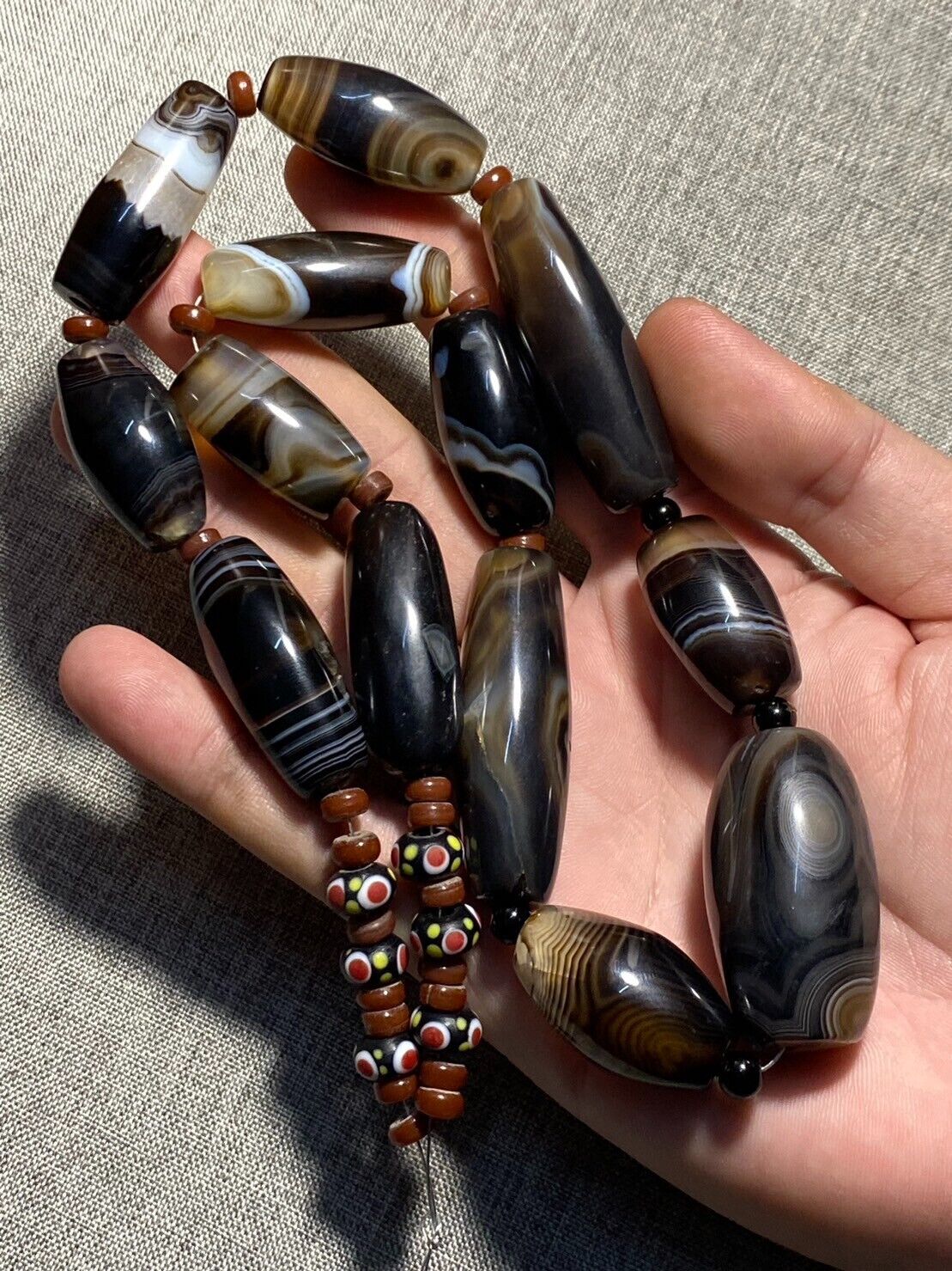 Antique African Himalayan banded Black Agate beads Suleimani unique Necklace
