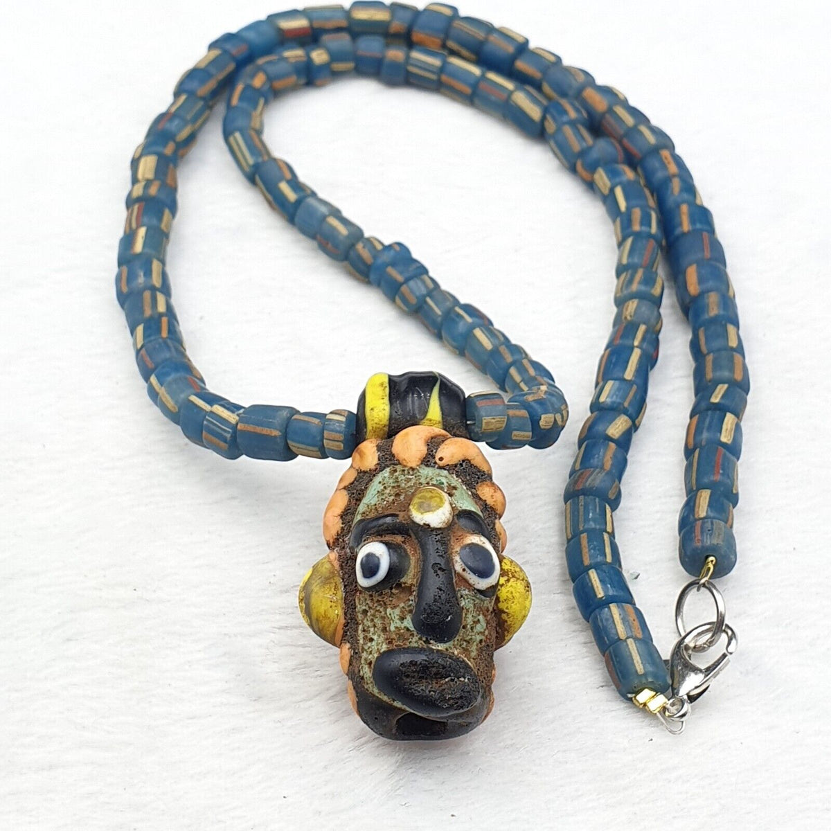 Antique Vintage handmade face bead mosaic Stripes Glass Beaded Strand Necklace