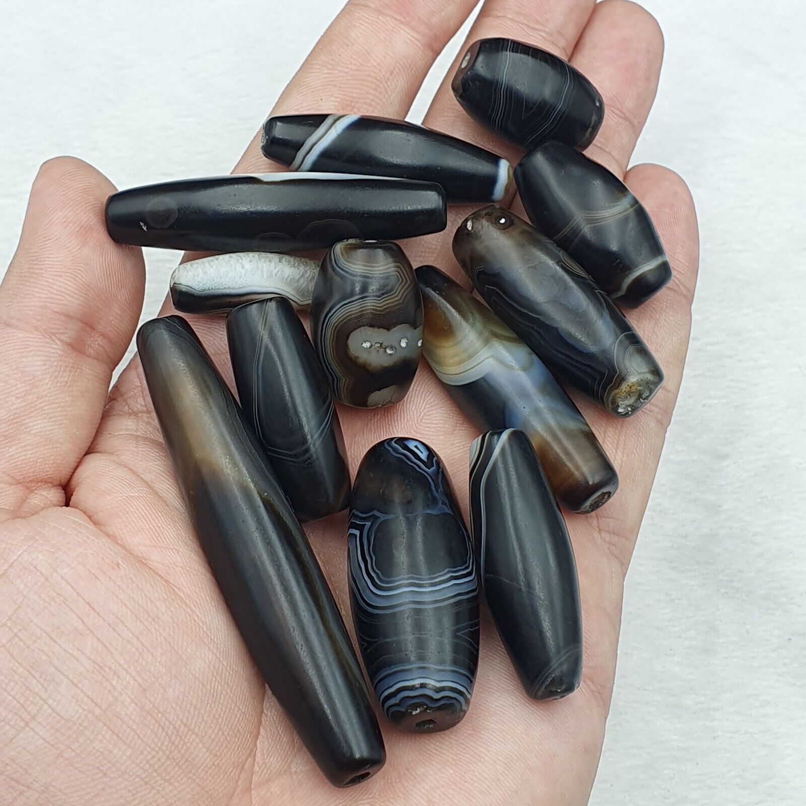 Lot of Himalayan old Antique black Agate Beads Necklace Mala Indo-Tibetan