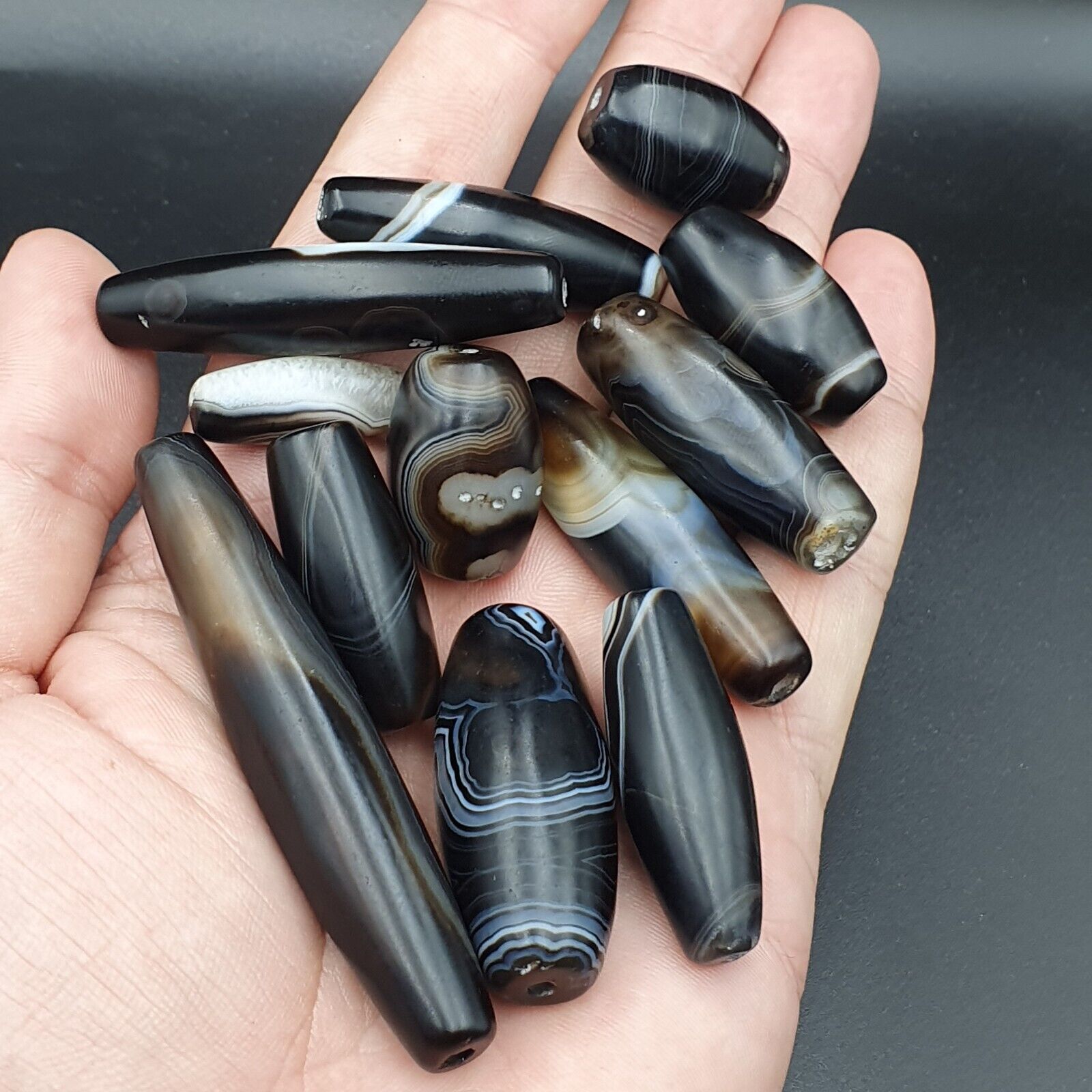 Lot of Himalayan old Antique black Agate Beads Necklace Mala Indo-Tibetan