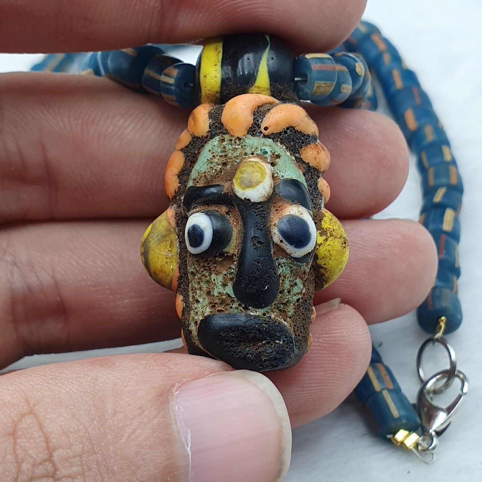 Antique Vintage handmade face bead mosaic Stripes Glass Beaded Strand Necklace