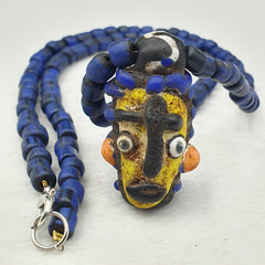 Antique Vintage handmade face bead mosaic blue Glass Beaded Strand Necklace