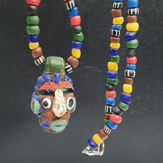 Antique Vintage handmade face bead mosaic multicolor Glass Beada Strand Necklace