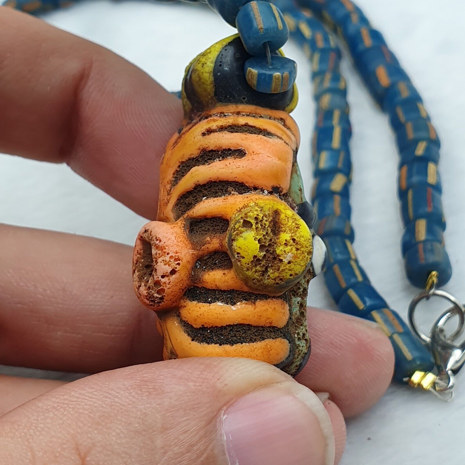 Antique Vintage handmade face bead mosaic Stripes Glass Beaded Strand Necklace