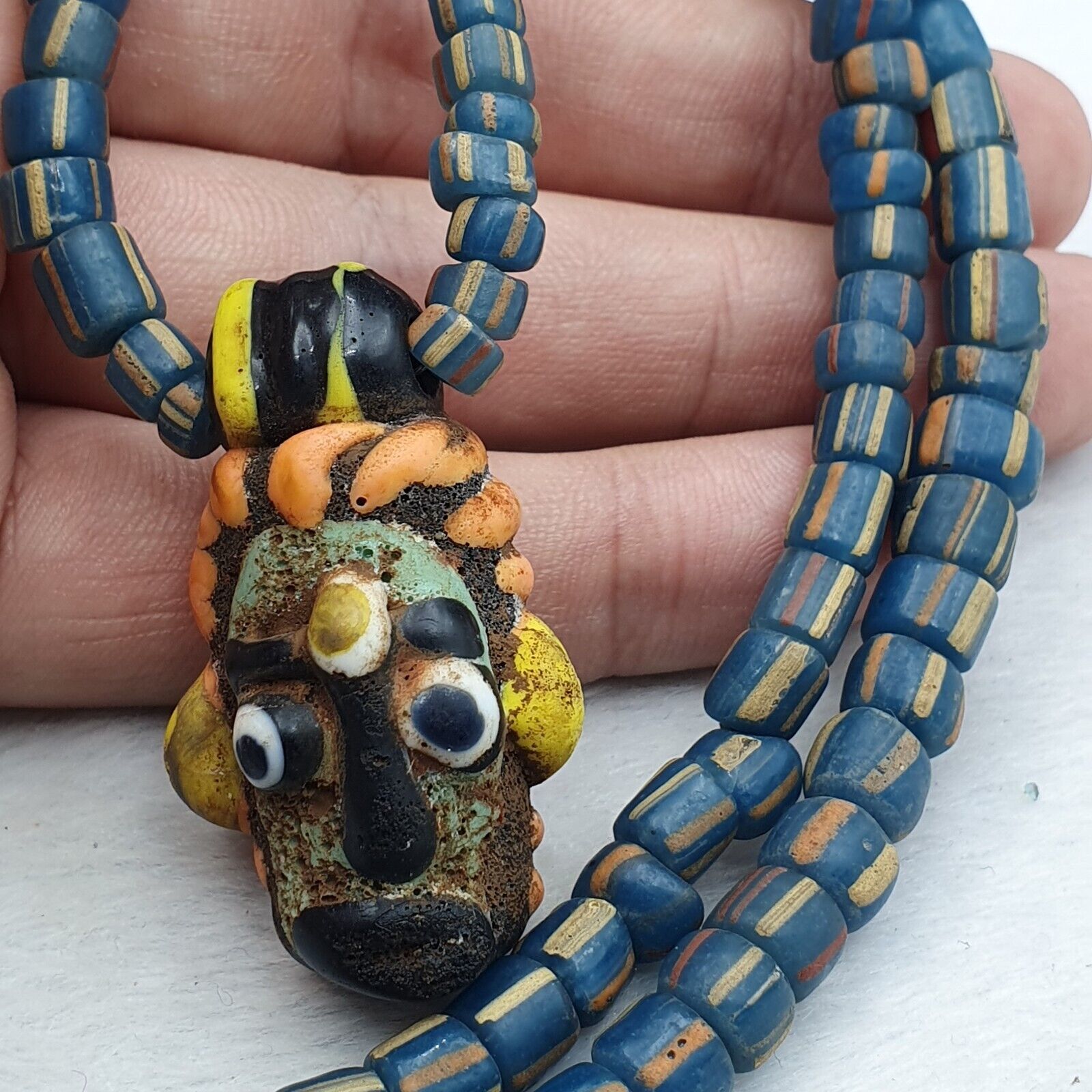 Antique Vintage handmade face bead mosaic Stripes Glass Beaded Strand Necklace