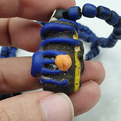 Antique Vintage handmade face bead mosaic blue Glass Beaded Strand Necklace