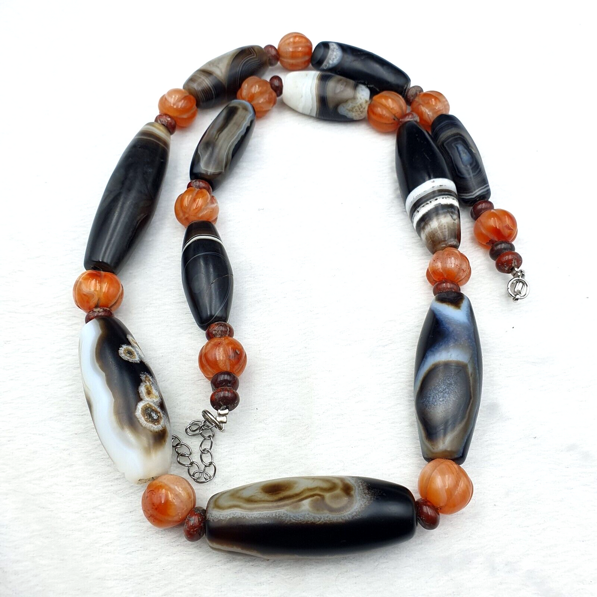 Himalayan old Antique Carnelian black Agate Beads Necklace Mala Indo-Tibetan