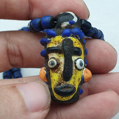 Antique Vintage handmade face bead mosaic blue Glass Beaded Strand Necklace