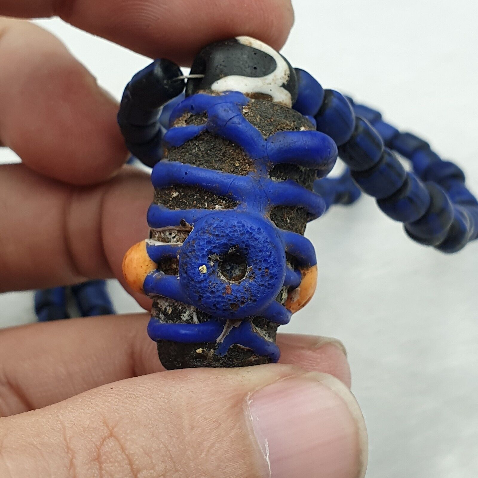 Antique Vintage handmade face bead mosaic blue Glass Beaded Strand Necklace