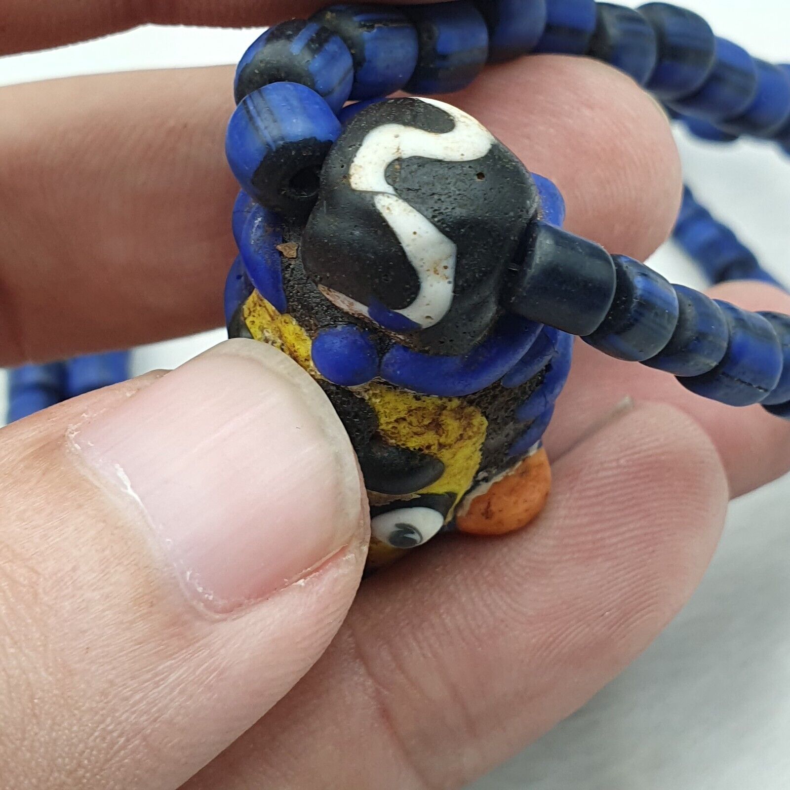 Antique Vintage handmade face bead mosaic blue Glass Beaded Strand Necklace