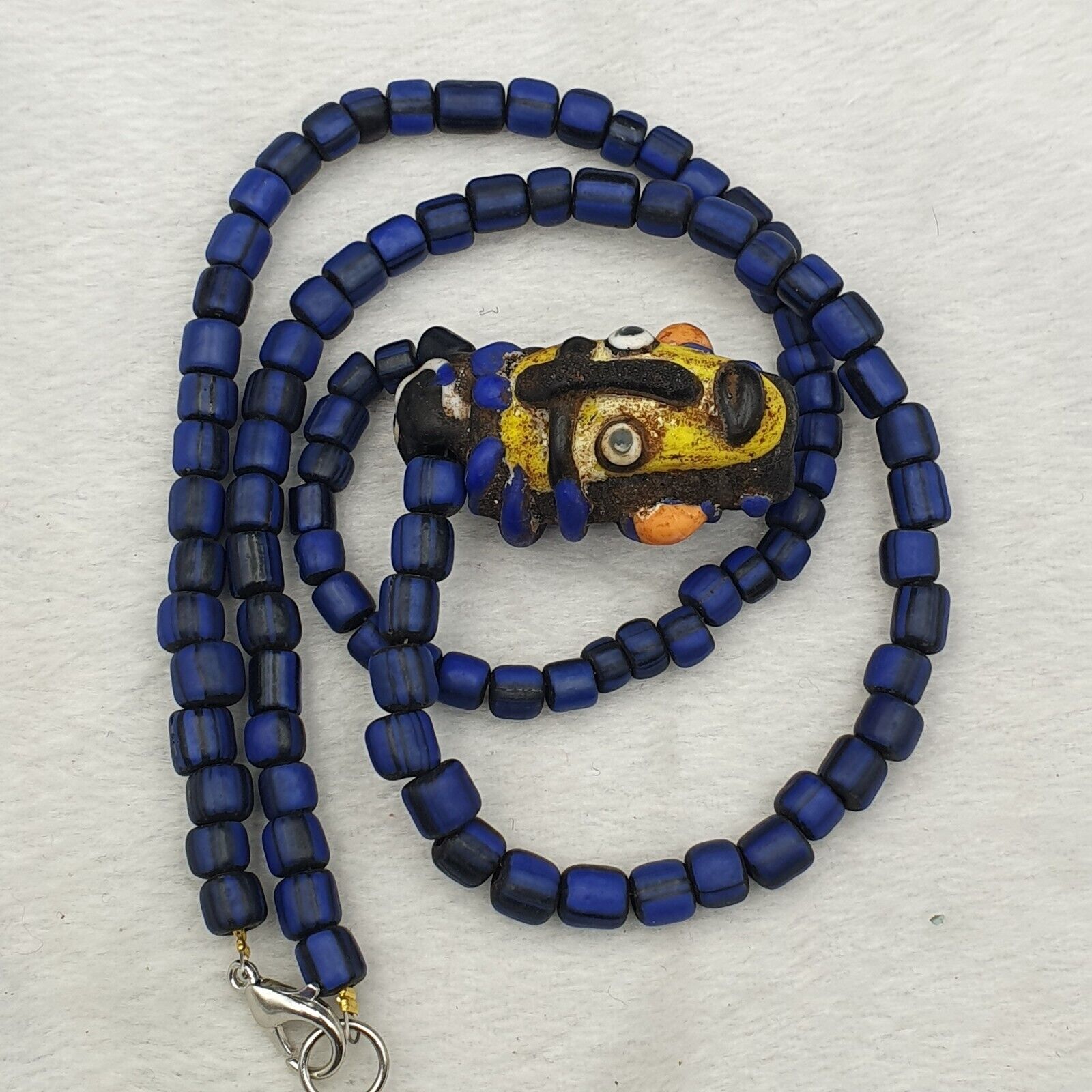 Antique Vintage handmade face bead mosaic blue Glass Beaded Strand Necklace