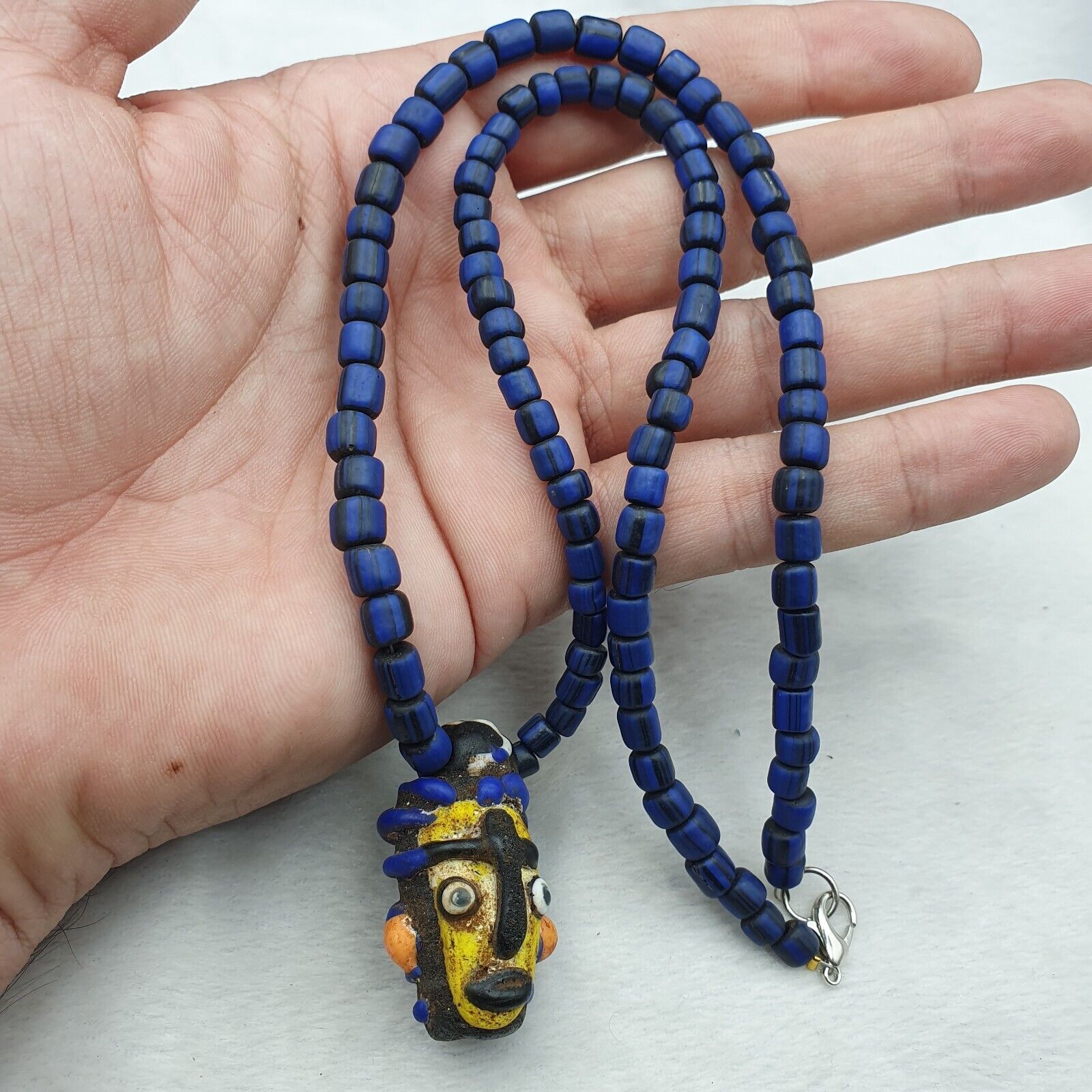 Antique Vintage handmade face bead mosaic blue Glass Beaded Strand Necklace
