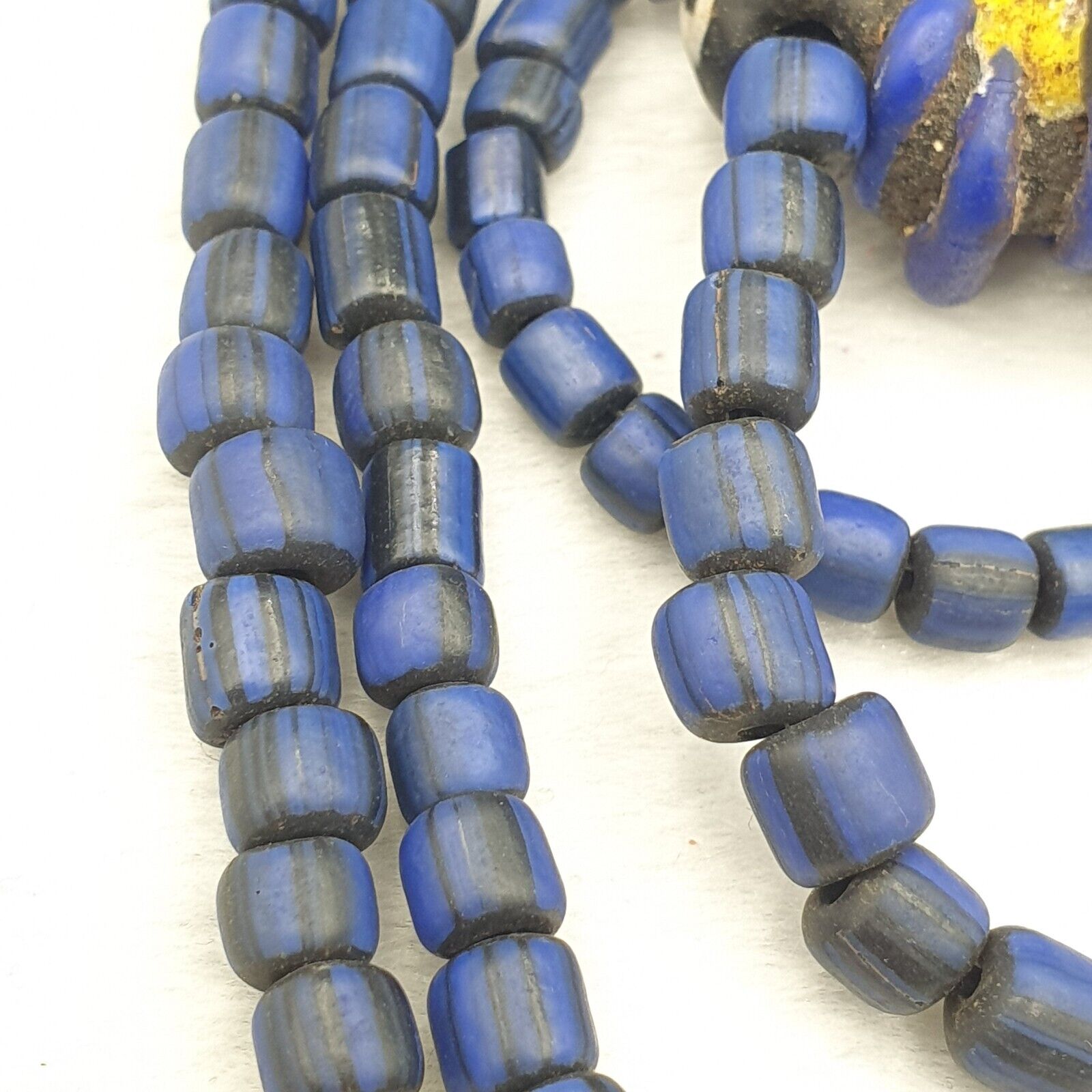 Antique Vintage handmade face bead mosaic blue Glass Beaded Strand Necklace