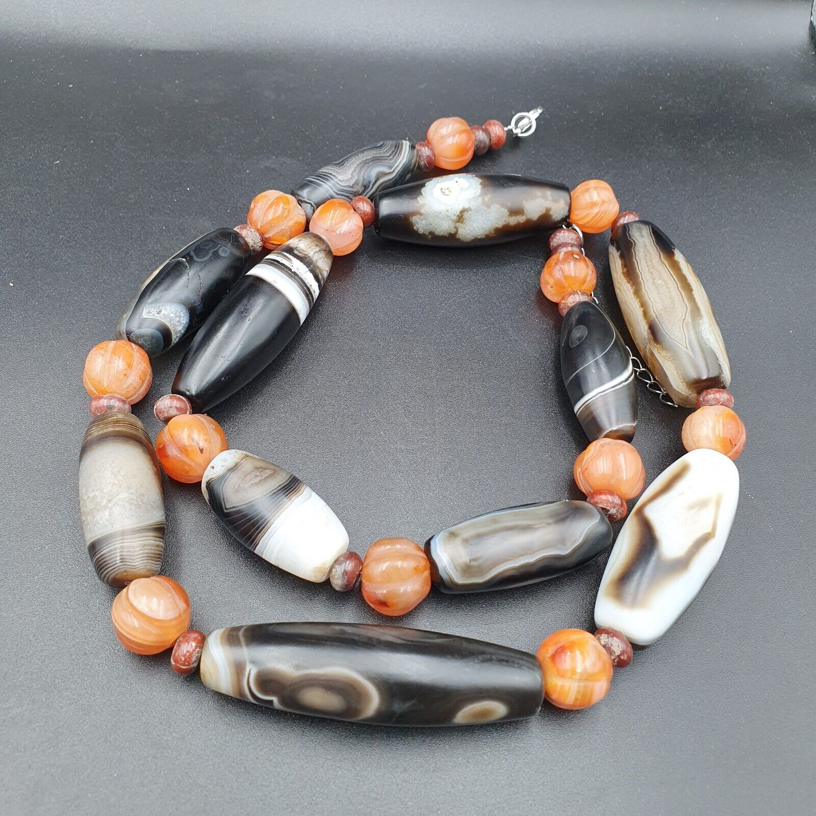 Himalayan old Antique Carnelian black Agate Beads Necklace Mala Indo-Tibetan
