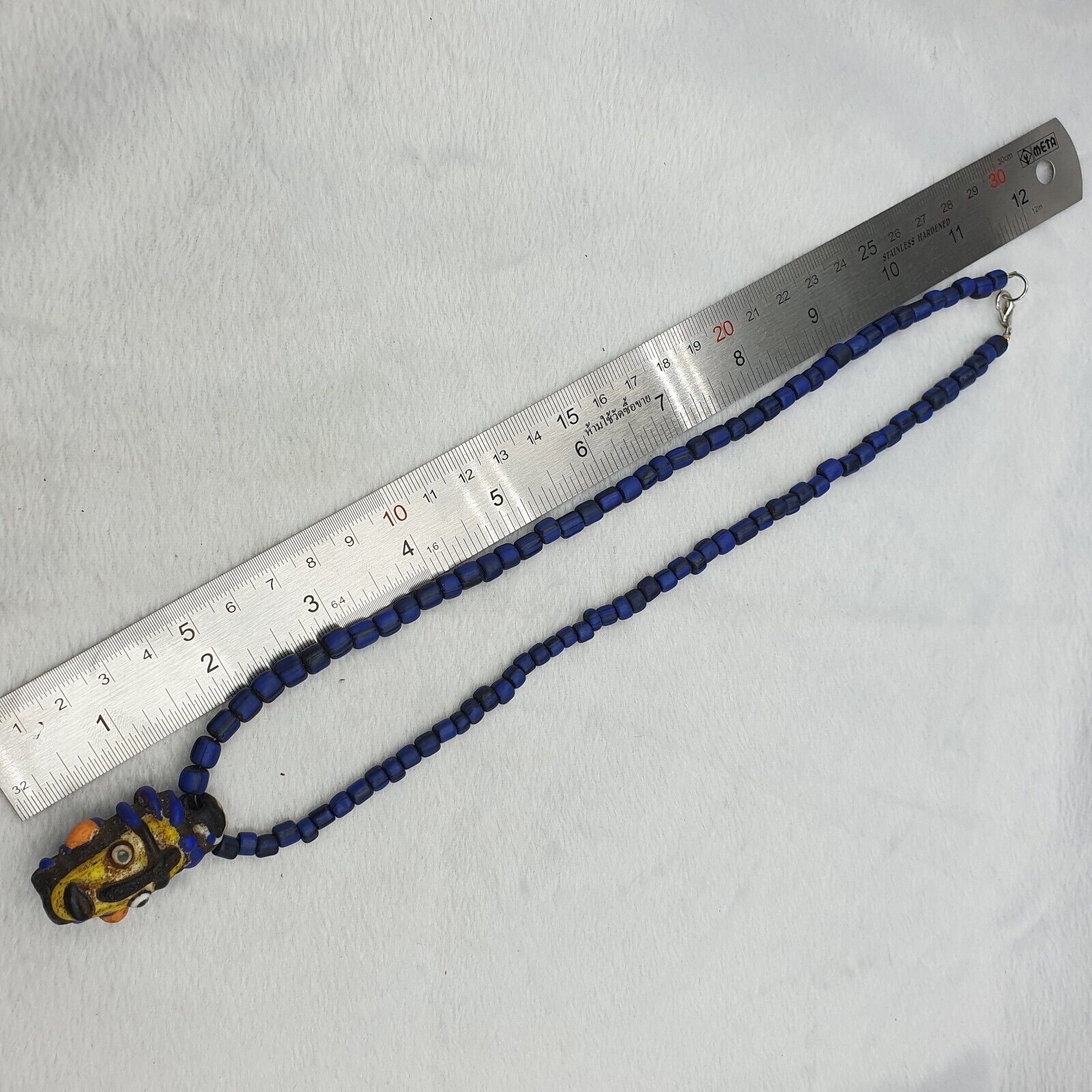 Antique Vintage handmade face bead mosaic blue Glass Beaded Strand Necklace