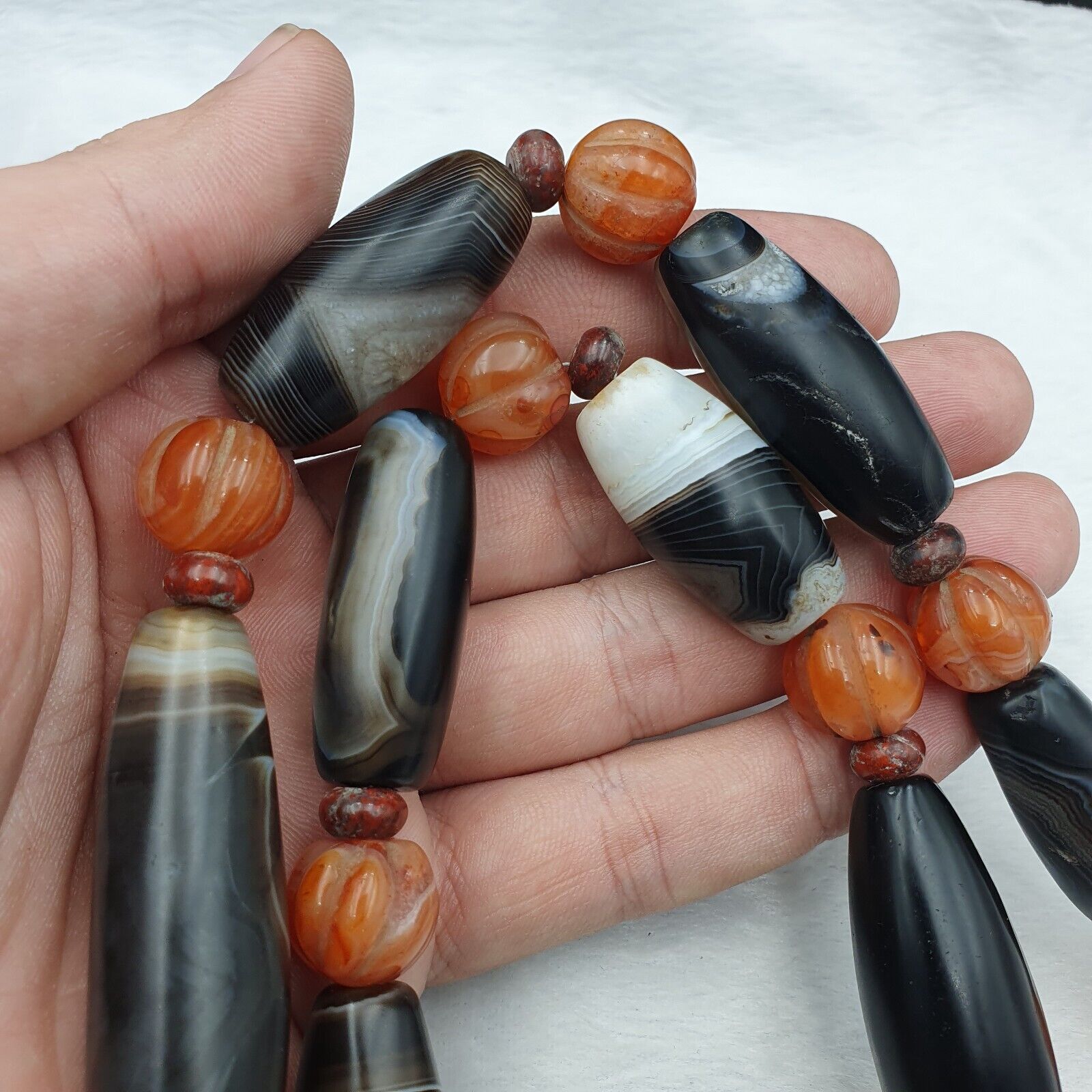 Himalayan old Antique Carnelian black Agate Beads Necklace Mala Indo-Tibetan