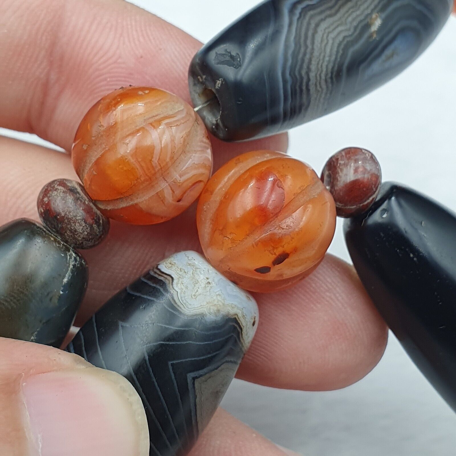 Himalayan old Antique Carnelian black Agate Beads Necklace Mala Indo-Tibetan