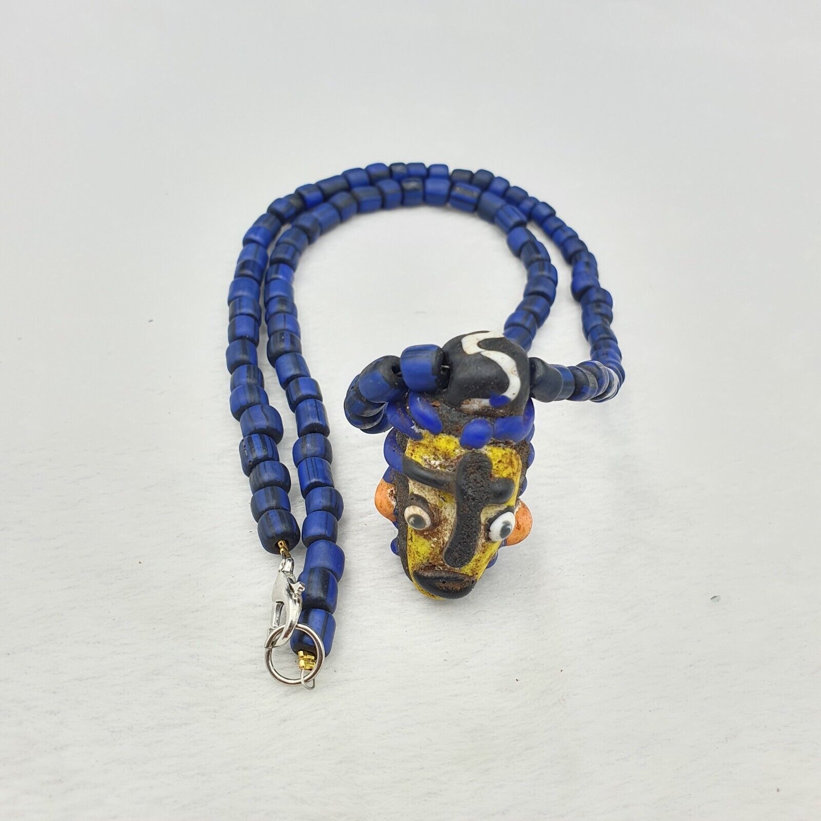 Antique Vintage handmade face bead mosaic blue Glass Beaded Strand Necklace