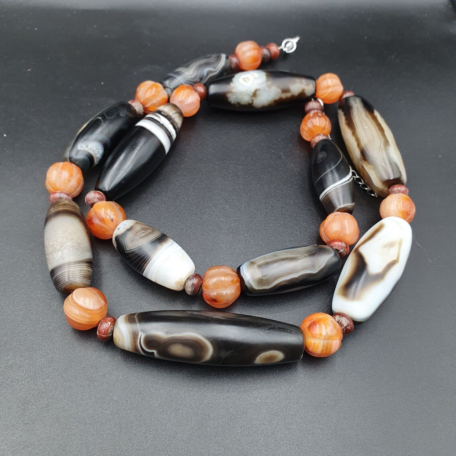 Himalayan old Antique Carnelian black Agate Beads Necklace Mala Indo-Tibetan