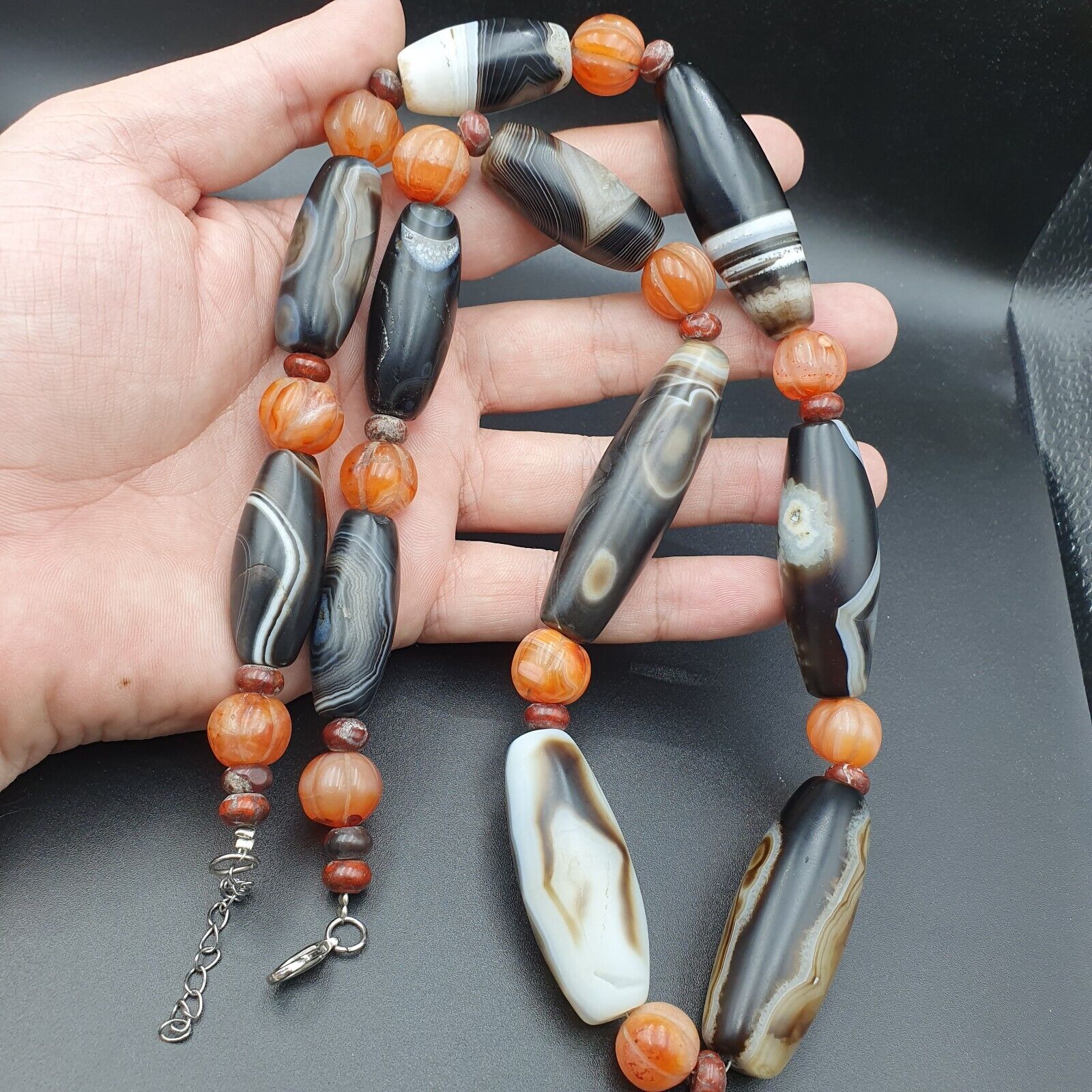 Himalayan old Antique Carnelian black Agate Beads Necklace Mala Indo-Tibetan