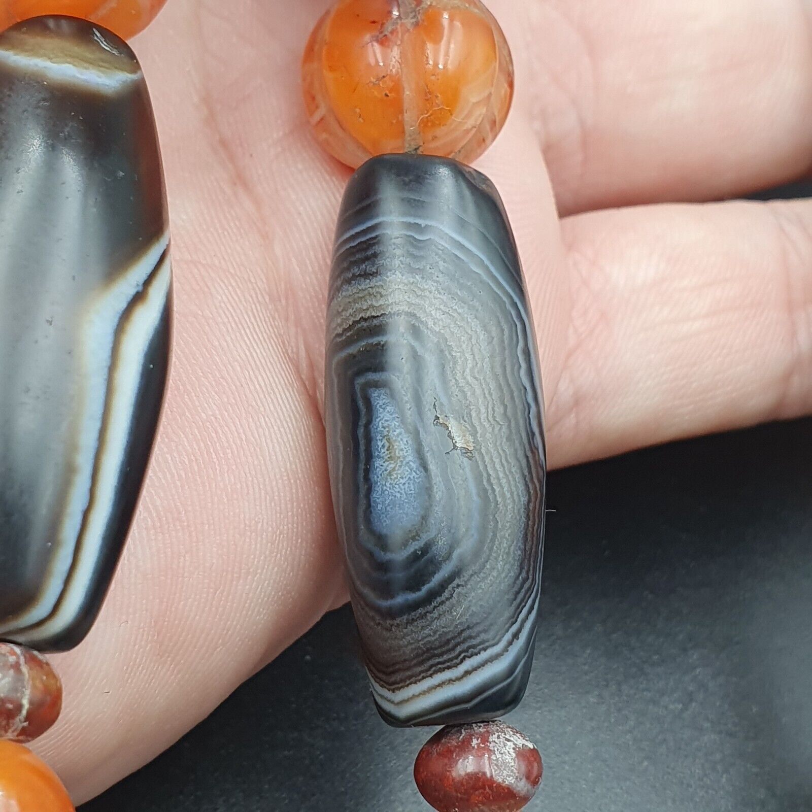 Himalayan old Antique Carnelian black Agate Beads Necklace Mala Indo-Tibetan