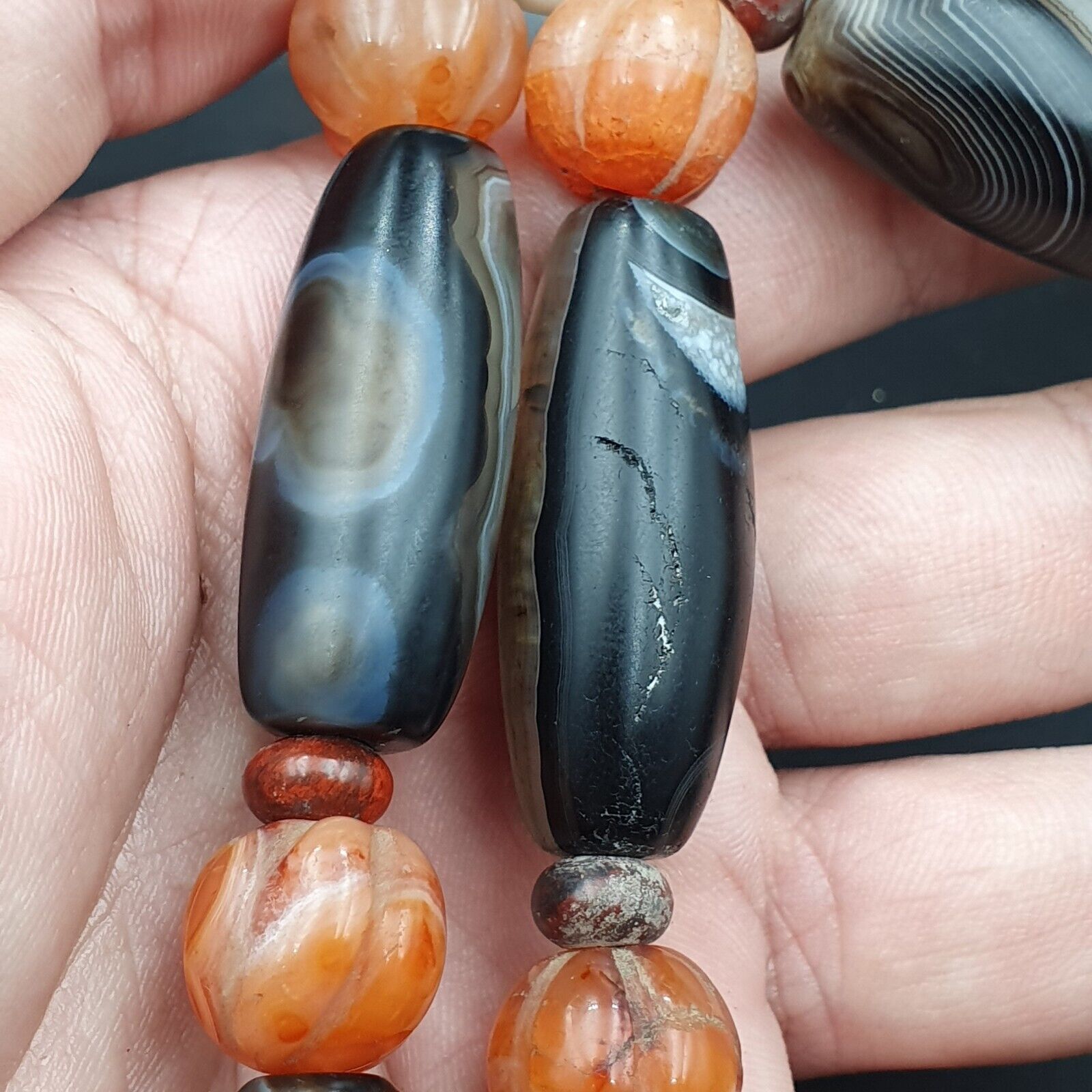 Himalayan old Antique Carnelian black Agate Beads Necklace Mala Indo-Tibetan