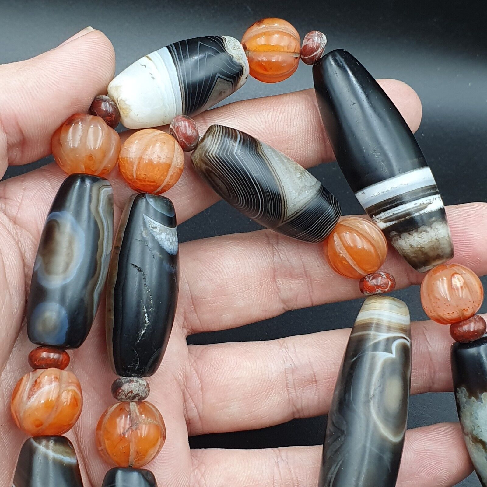 Himalayan old Antique Carnelian black Agate Beads Necklace Mala Indo-Tibetan