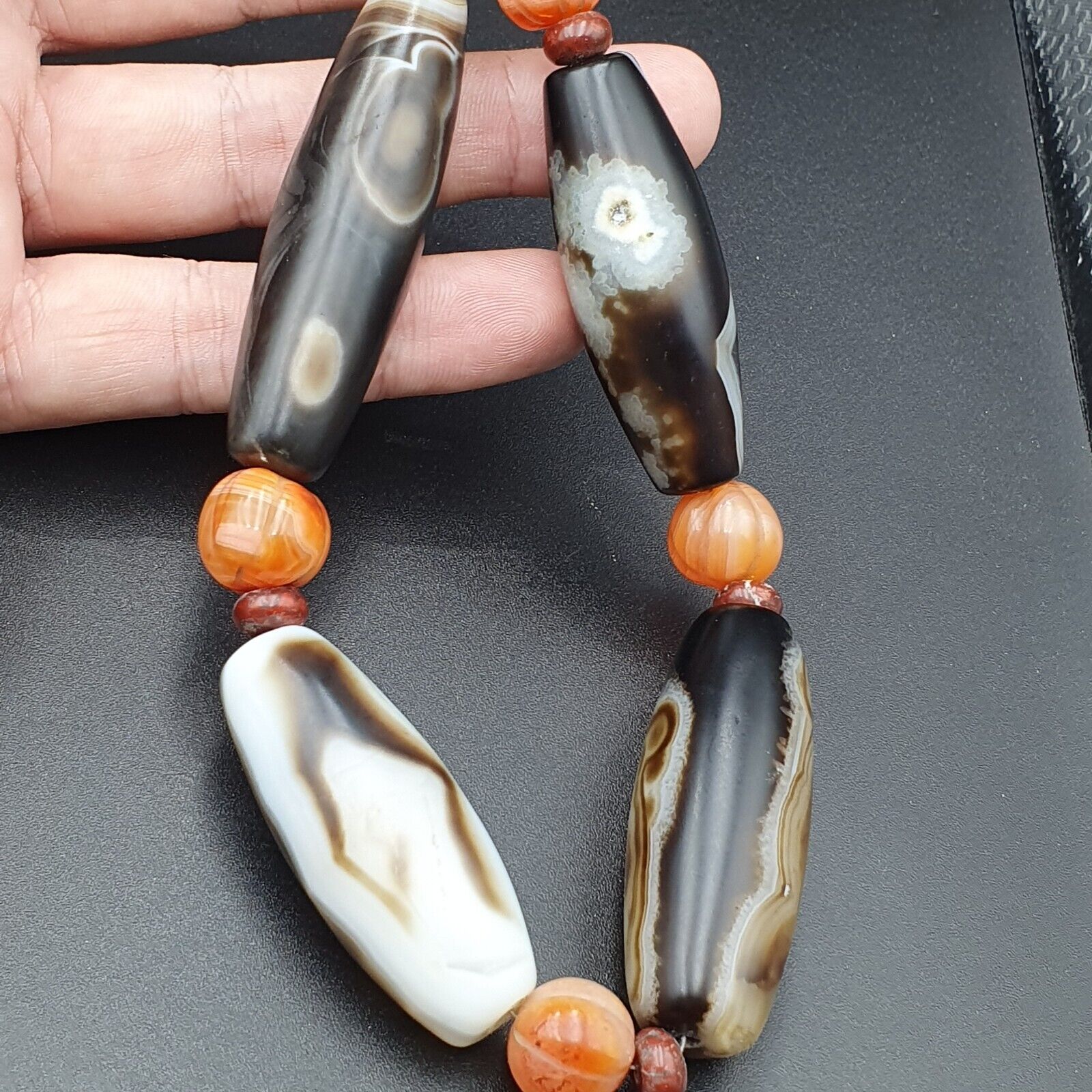 Himalayan old Antique Carnelian black Agate Beads Necklace Mala Indo-Tibetan
