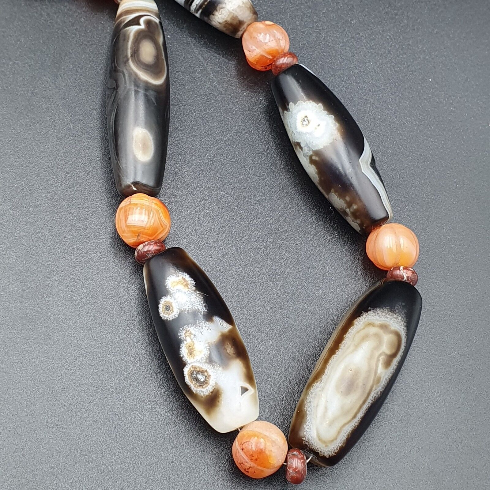 Himalayan old Antique Carnelian black Agate Beads Necklace Mala Indo-Tibetan