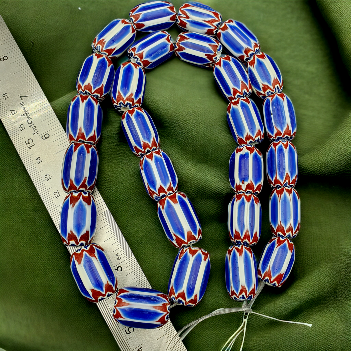 Blue Chevron Beads Vintage Old African Glass Beads Long Strand 16-20mm