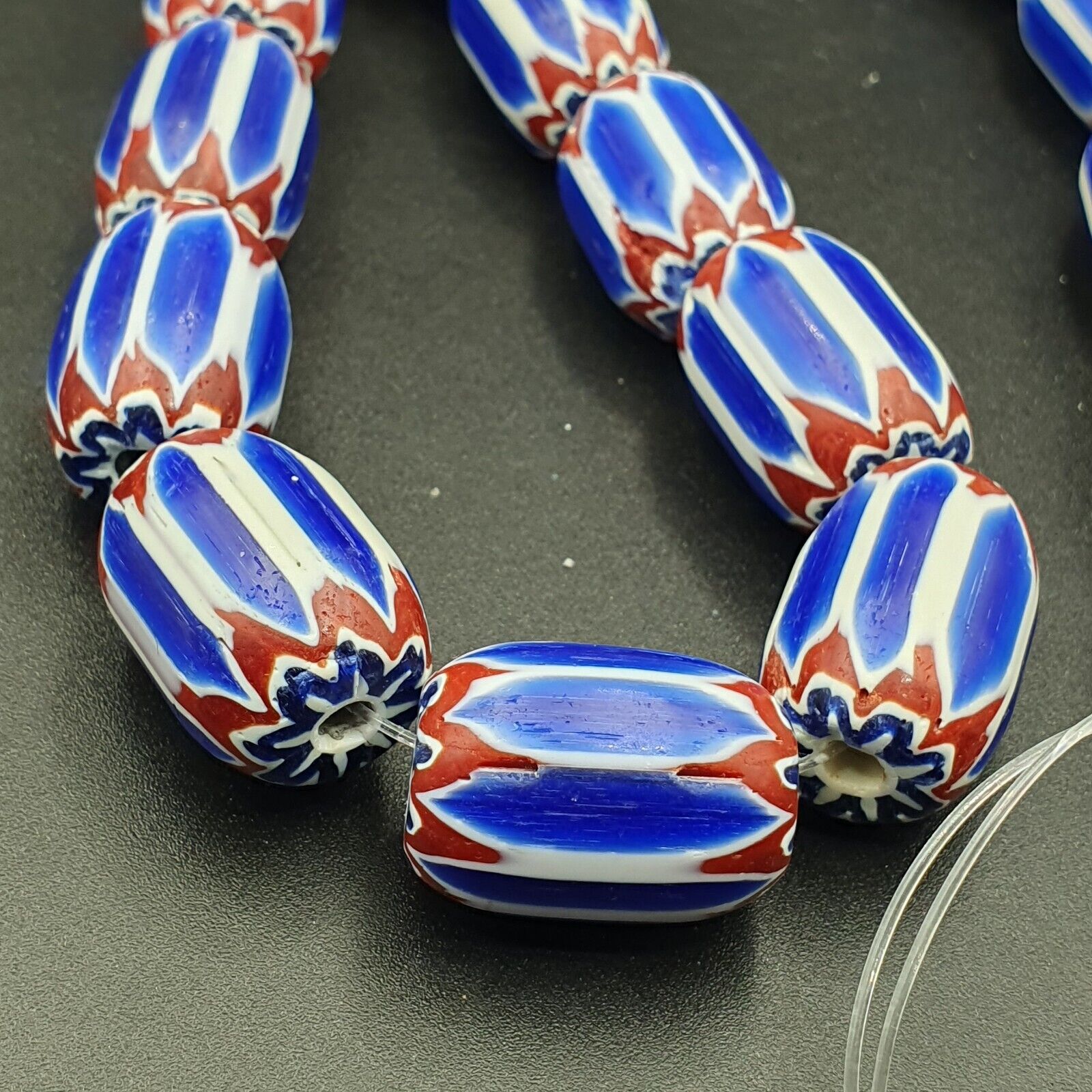 Blue Chevron beads vintage Old African Glass Beads Long Strand 16-20mm