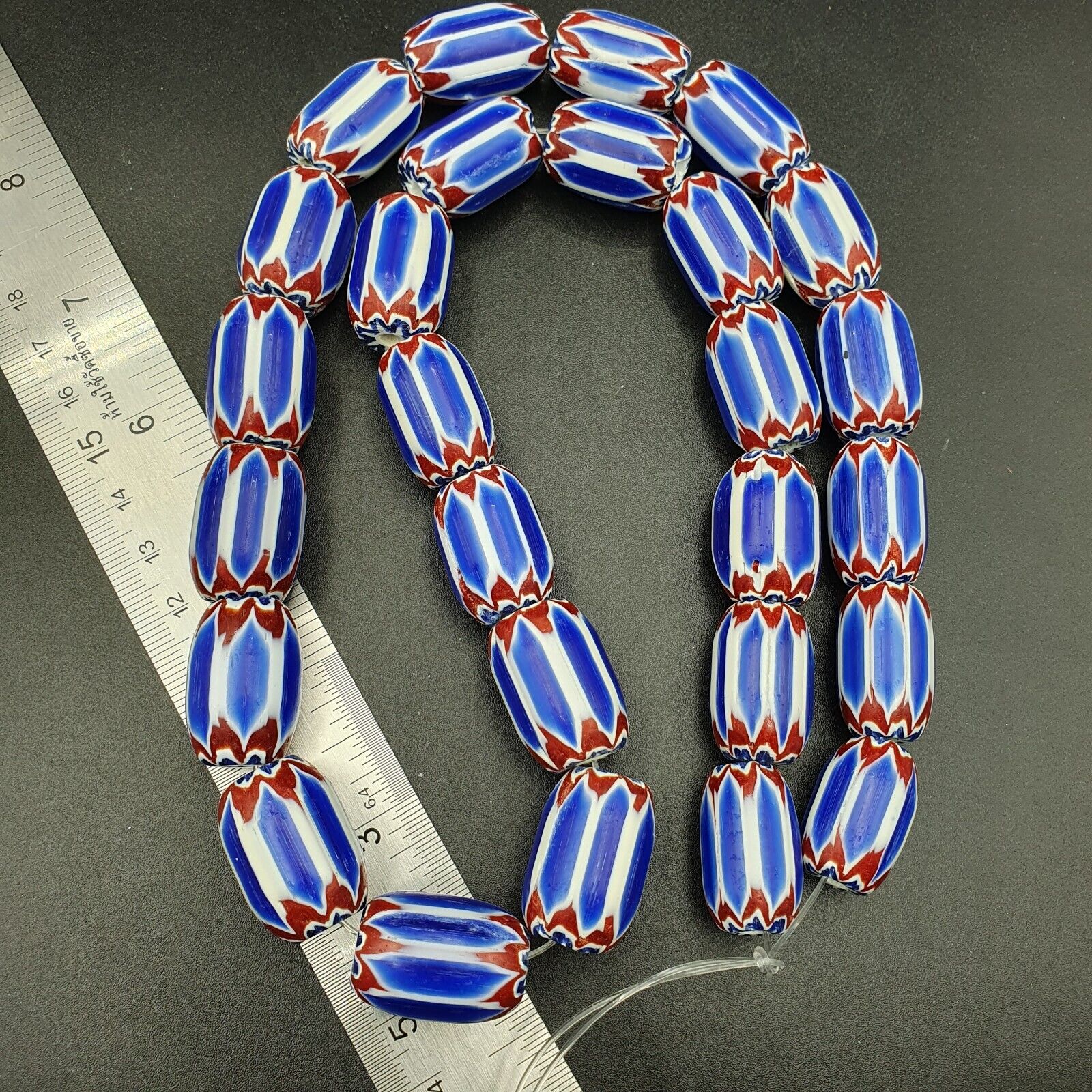 Blue Chevron beads vintage Old African Glass Beads Long Strand 16-20mm