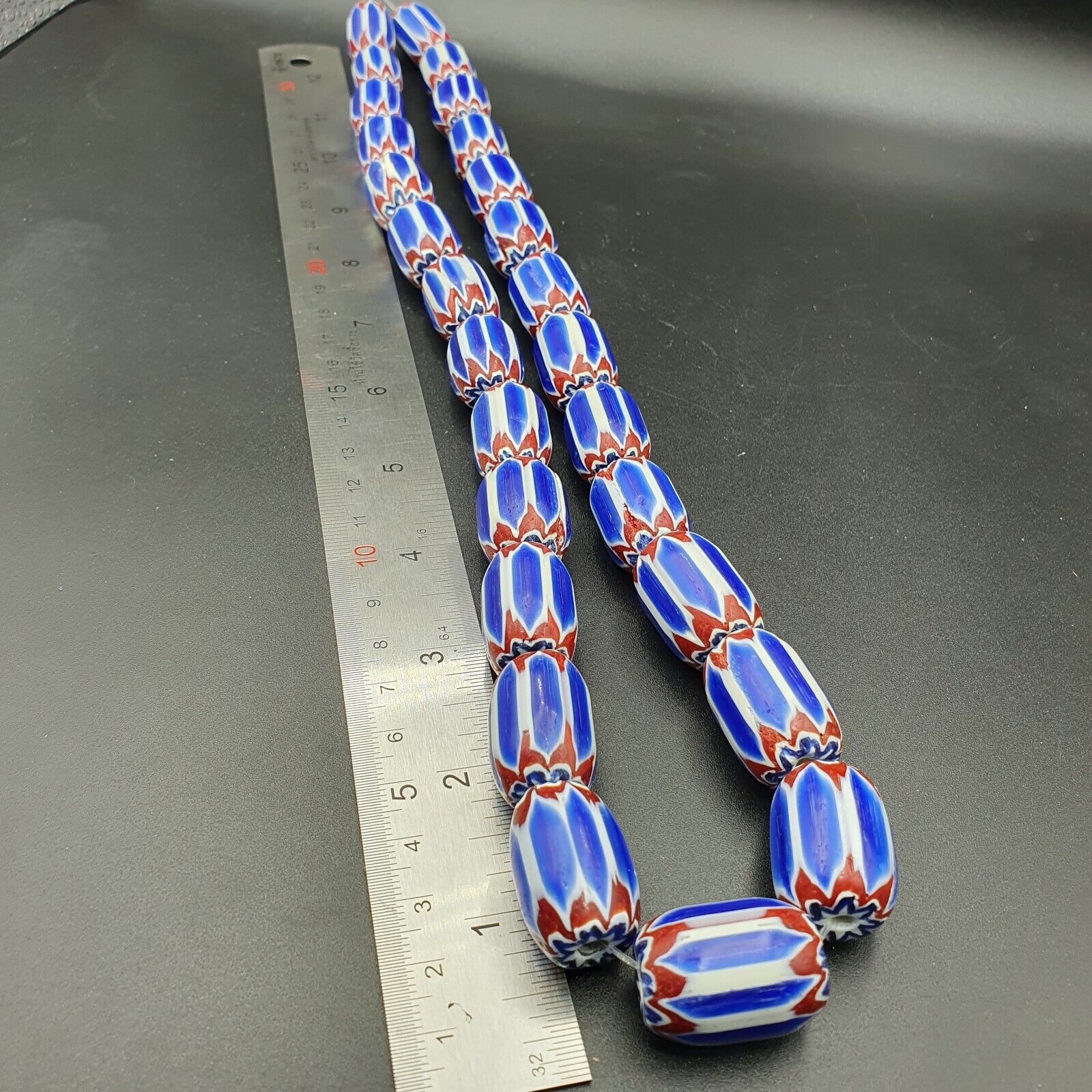 Blue Chevron beads vintage Old African Glass Beads Long Strand 16-20mm