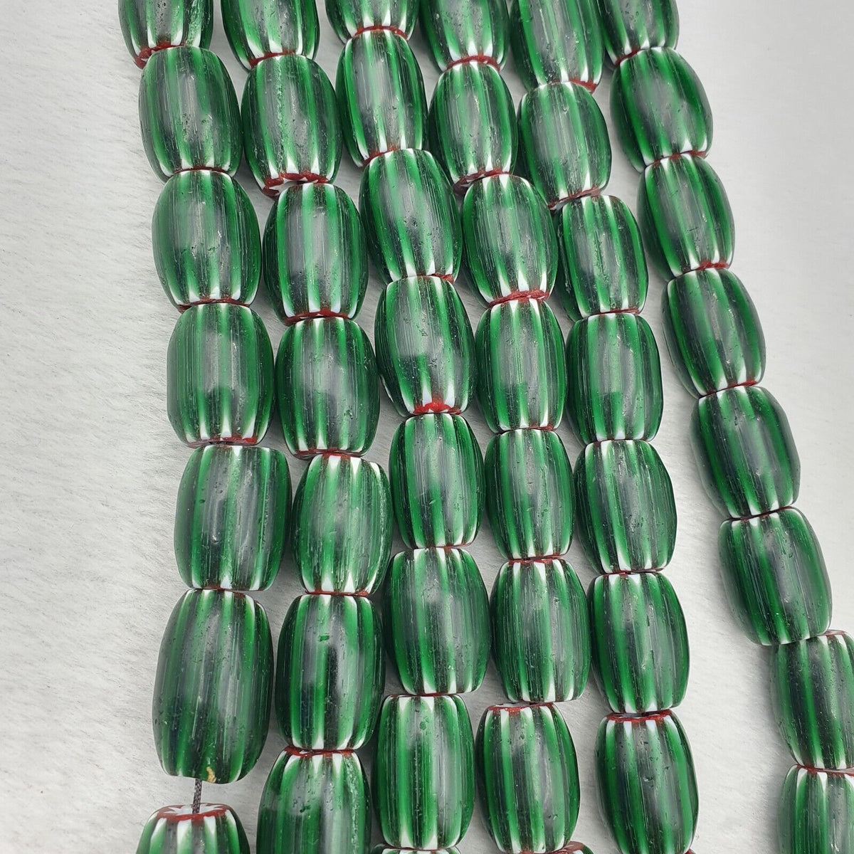 Antique Venetian inspired Green Glass Chevron Beads Long Strand necklace 17x13mm