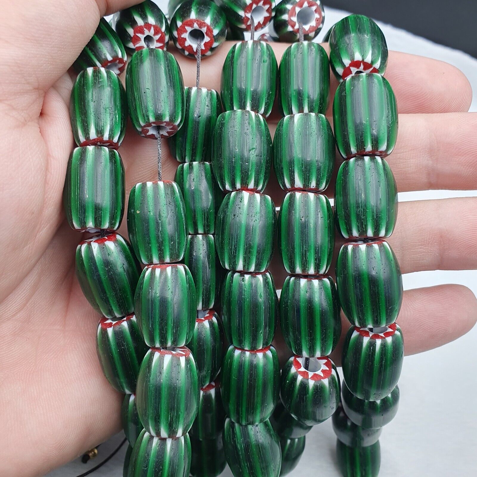 Antique Venetian inspired Green Glass Chevron Beads Long Strand necklace 17x13mm
