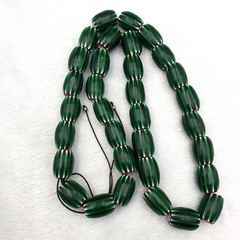Antique Venetian inspired Green Glass Chevron Beads Long Strand necklace 17x13mm
