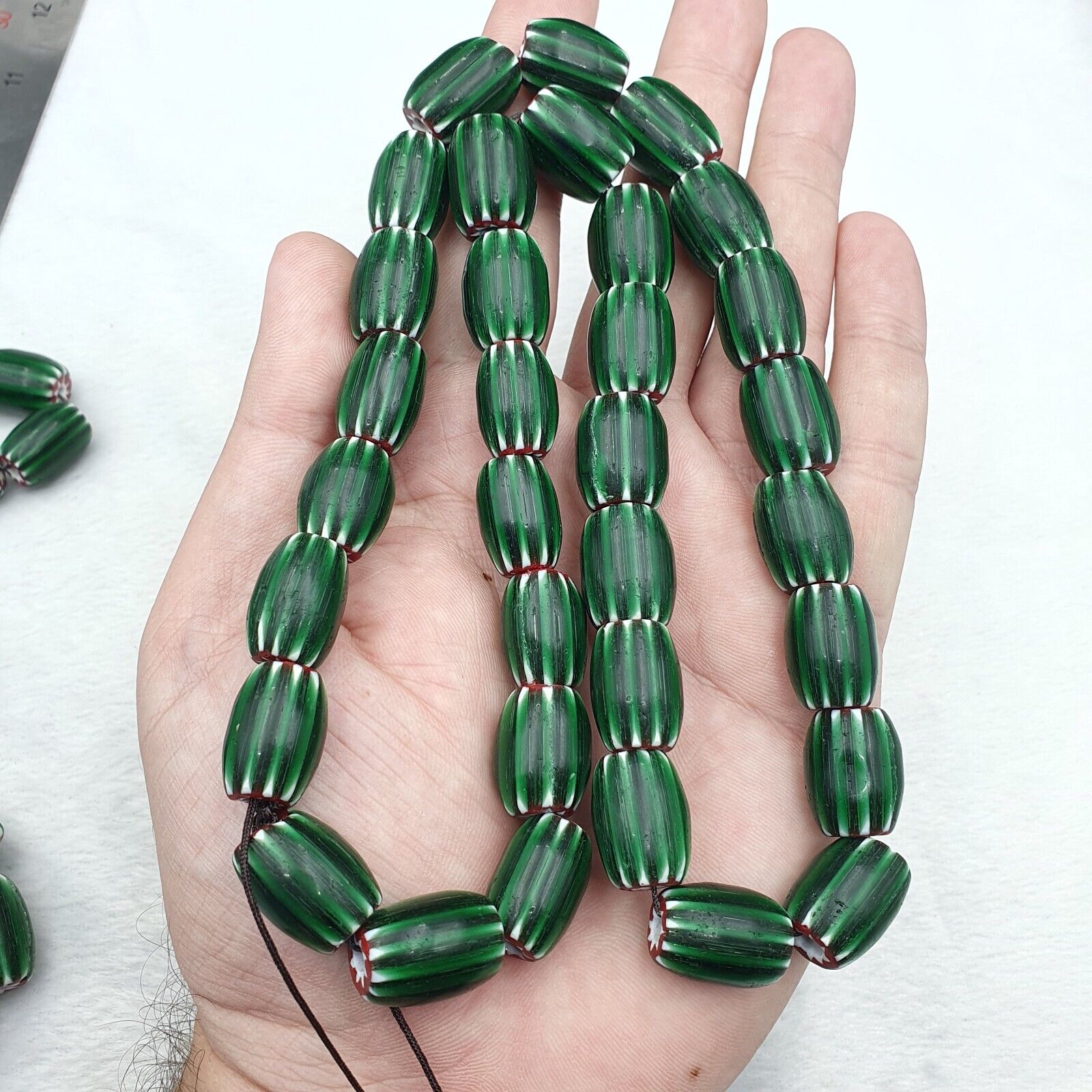 Antique Venetian inspired Green Glass Chevron Beads Long Strand necklace 17x13mm