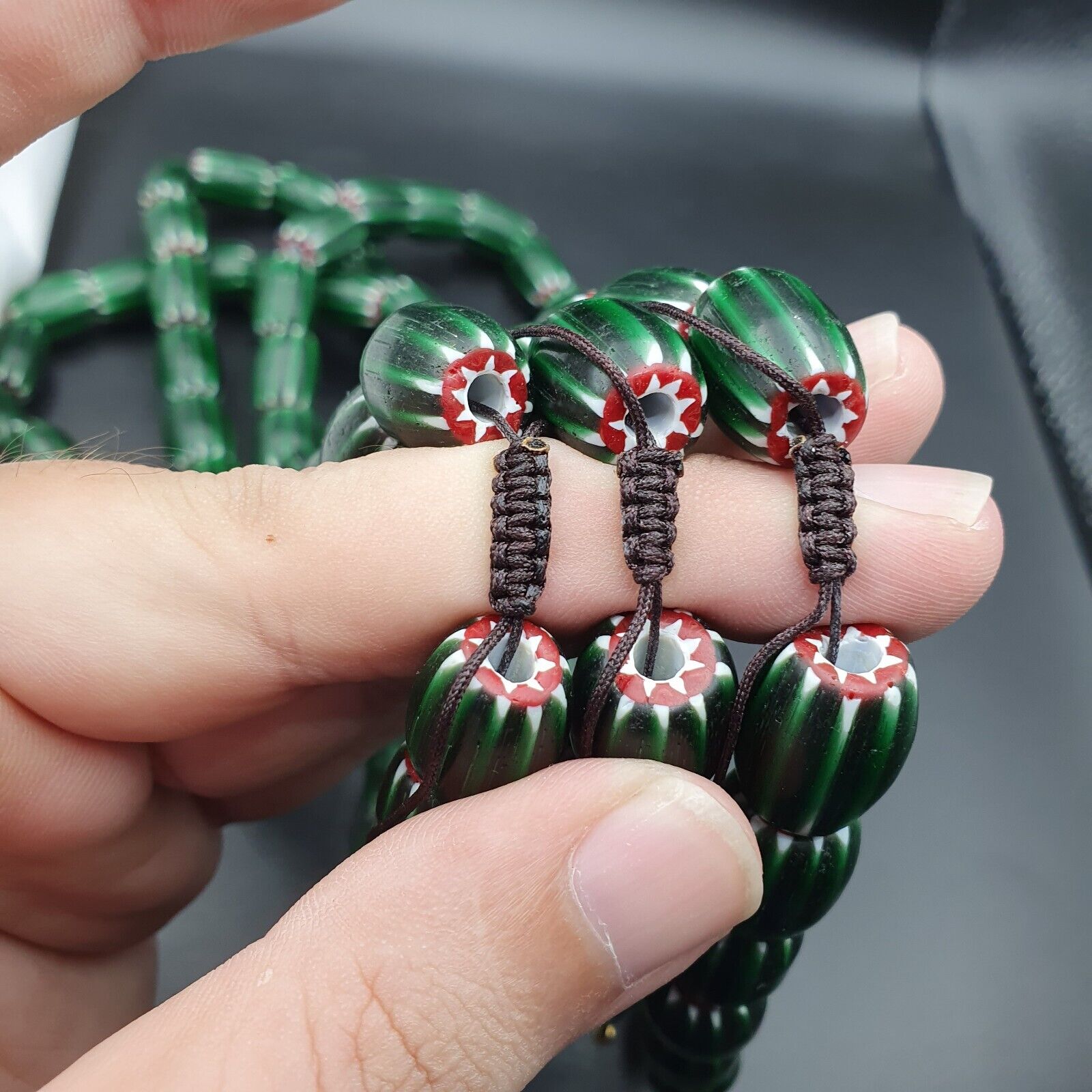 Antique Venetian inspired Green Glass Chevron Beads Long Strand necklace 17x13mm