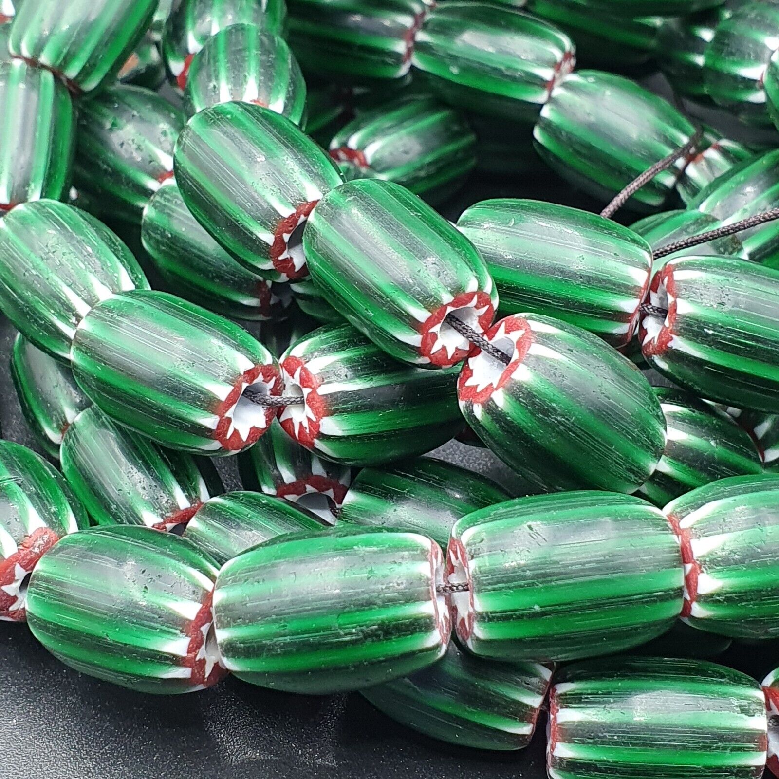 Antique Venetian inspired Green Glass Chevron Beads Long Strand necklace 17x13mm