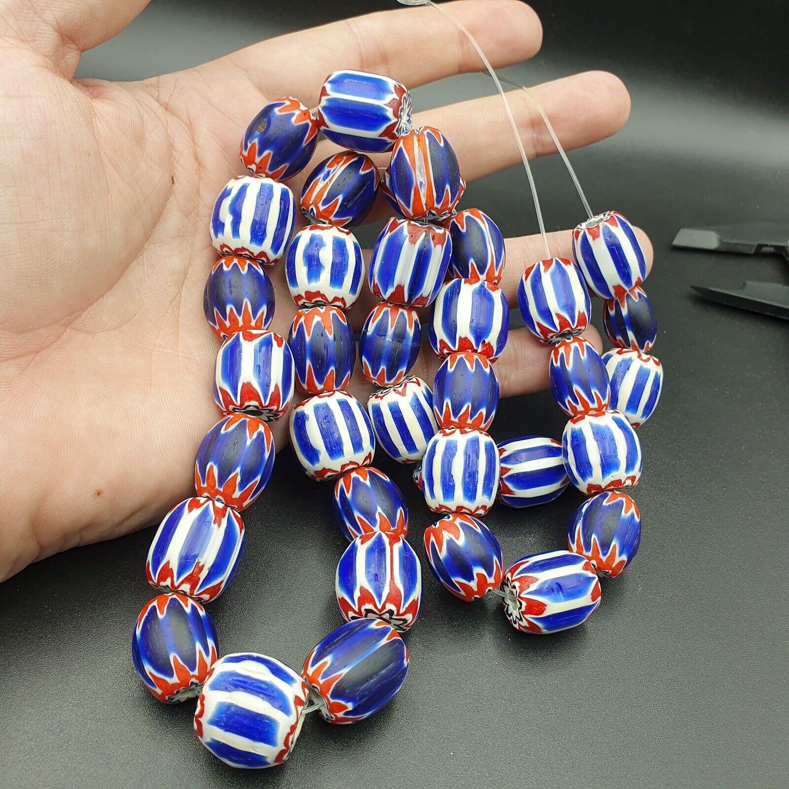 Unique Venetian style beads Old African Blue Glass Chevron Beads Long Strand