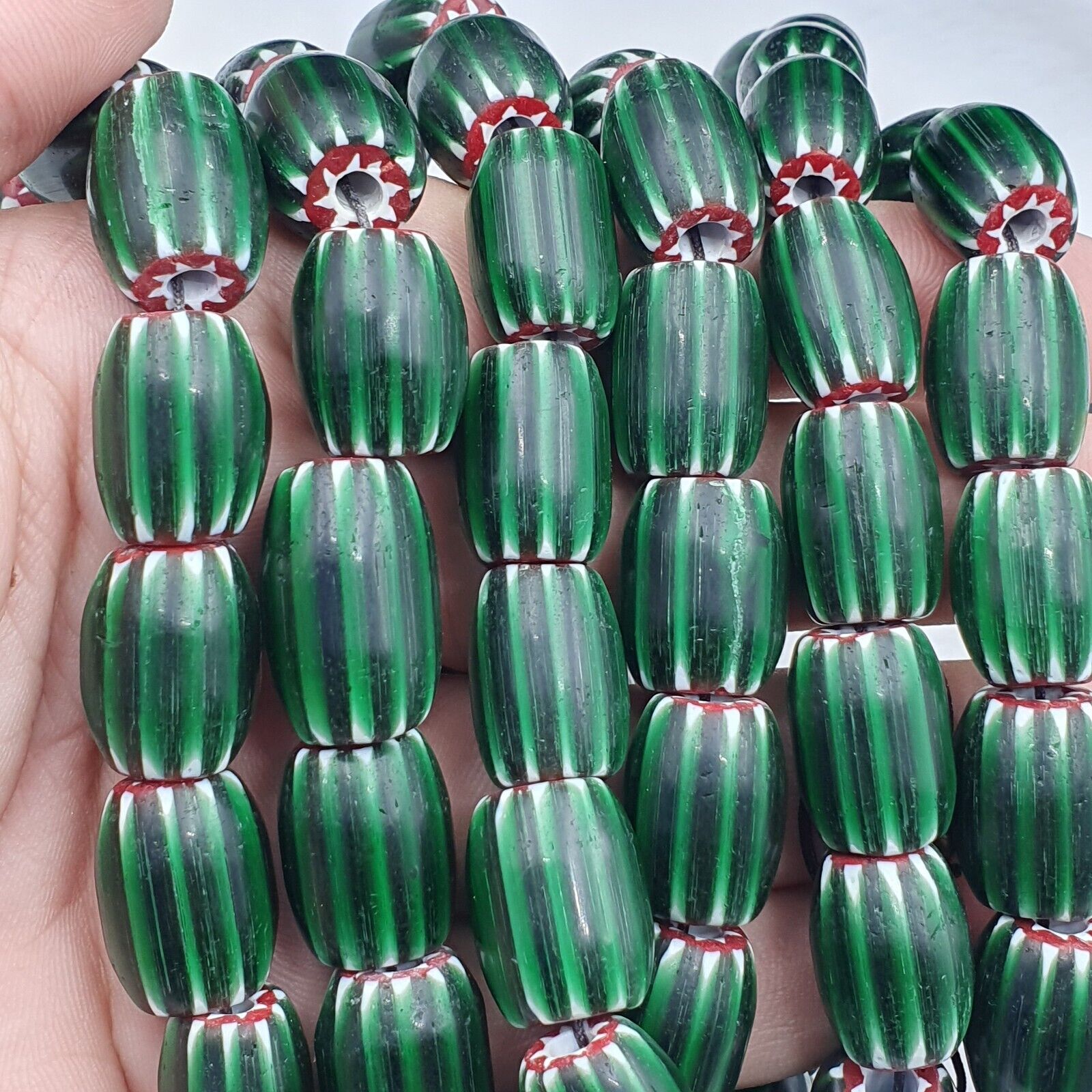 Antique Venetian inspired Green Glass Chevron Beads Long Strand necklace 17x13mm