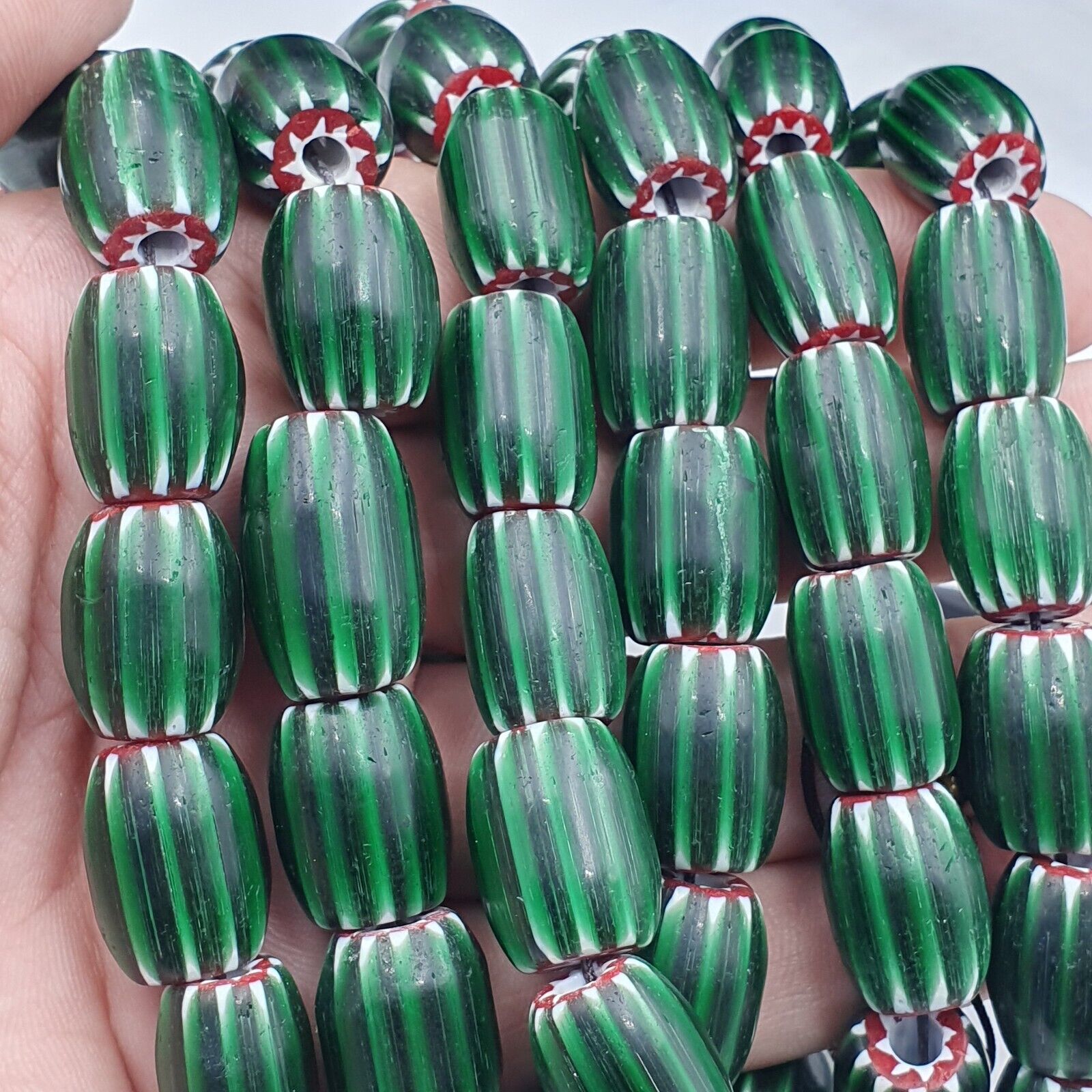 Antique Venetian inspired Green Glass Chevron Beads Long Strand necklace 17x13mm