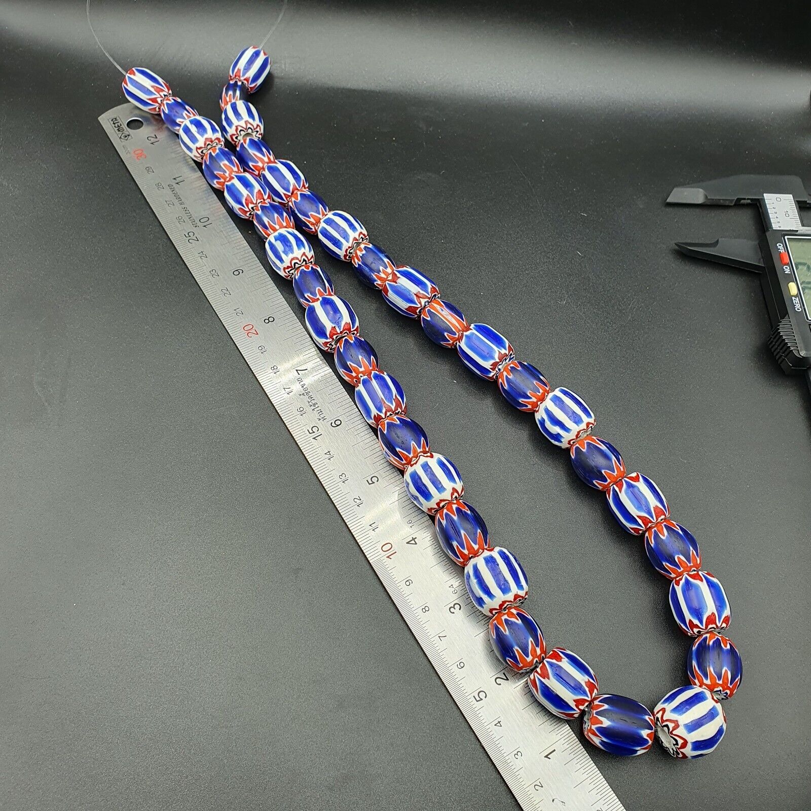Unique Venetian style beads Old African Blue Glass Chevron Beads Long Strand