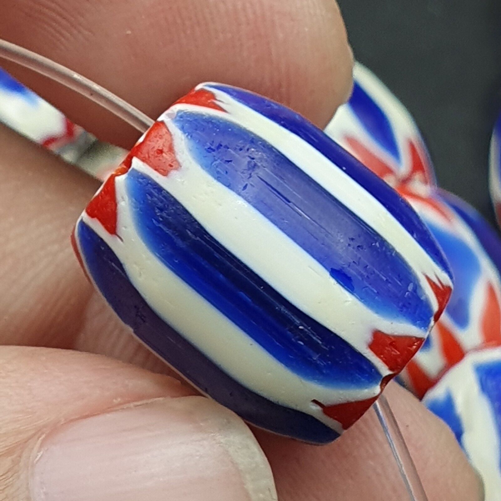 Unique Venetian style beads Old African Blue Glass Chevron Beads Long Strand