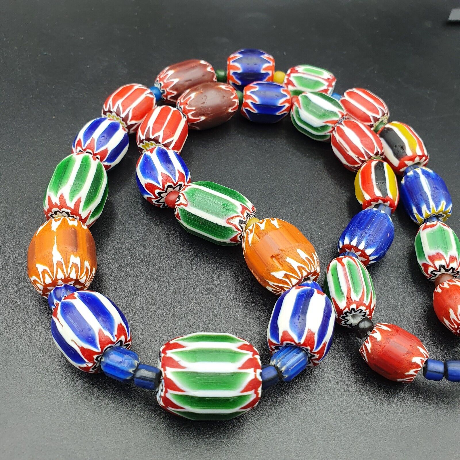 Unique Antique style Chevron beads Old African Blue Glass Beads Long Strand
